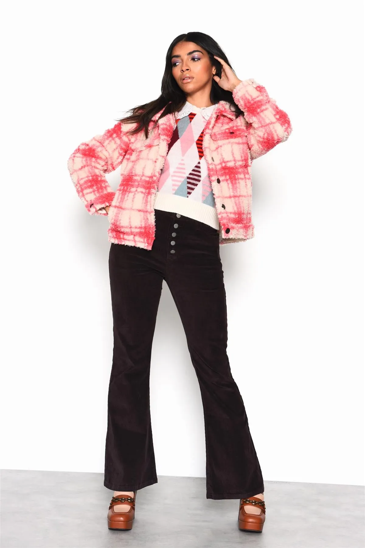 Cream Pink Check Button-Up Collared Jacket sold by Glamorous