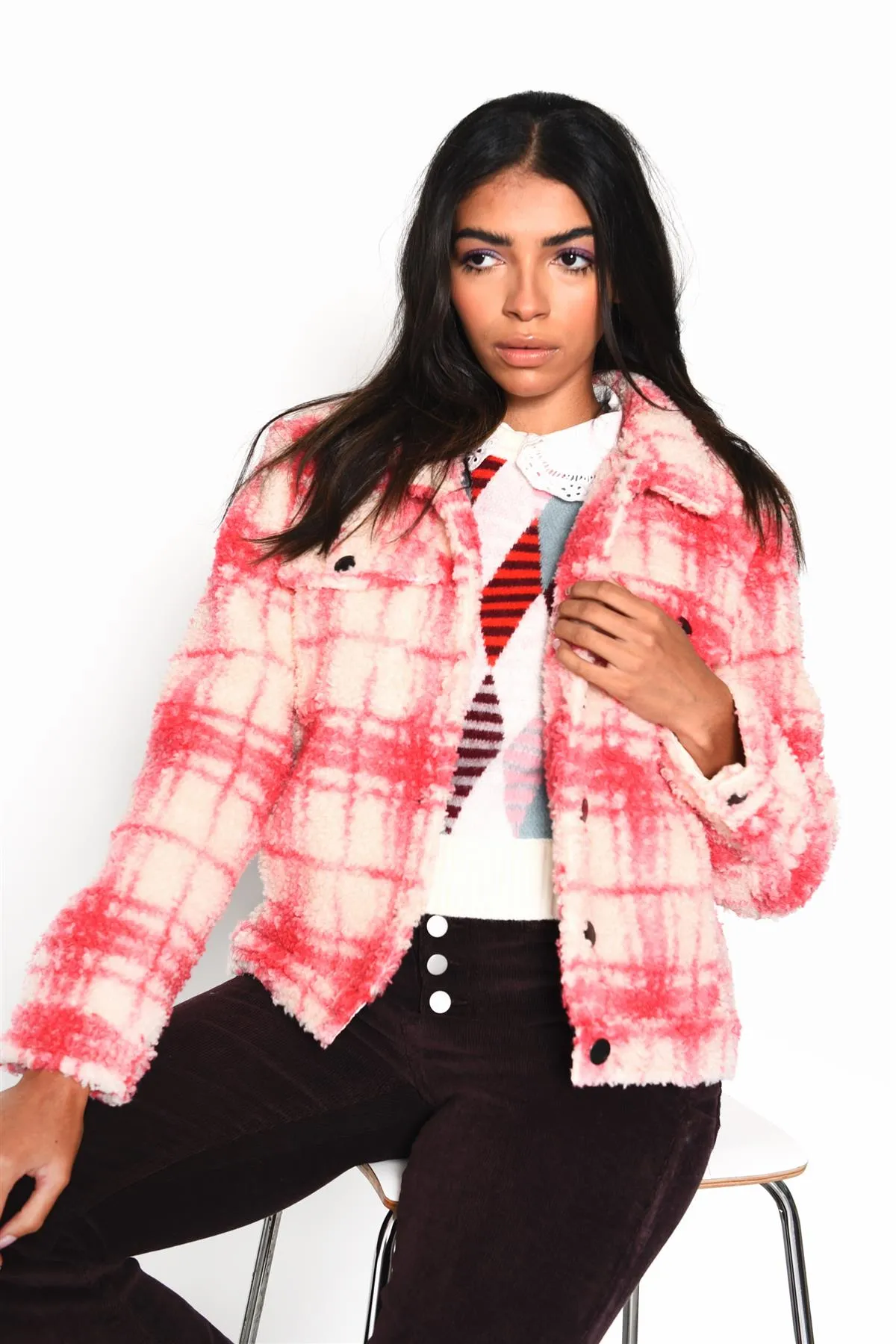 Cream Pink Check Button-Up Collared Jacket sold by Glamorous product image thumbnail 3
