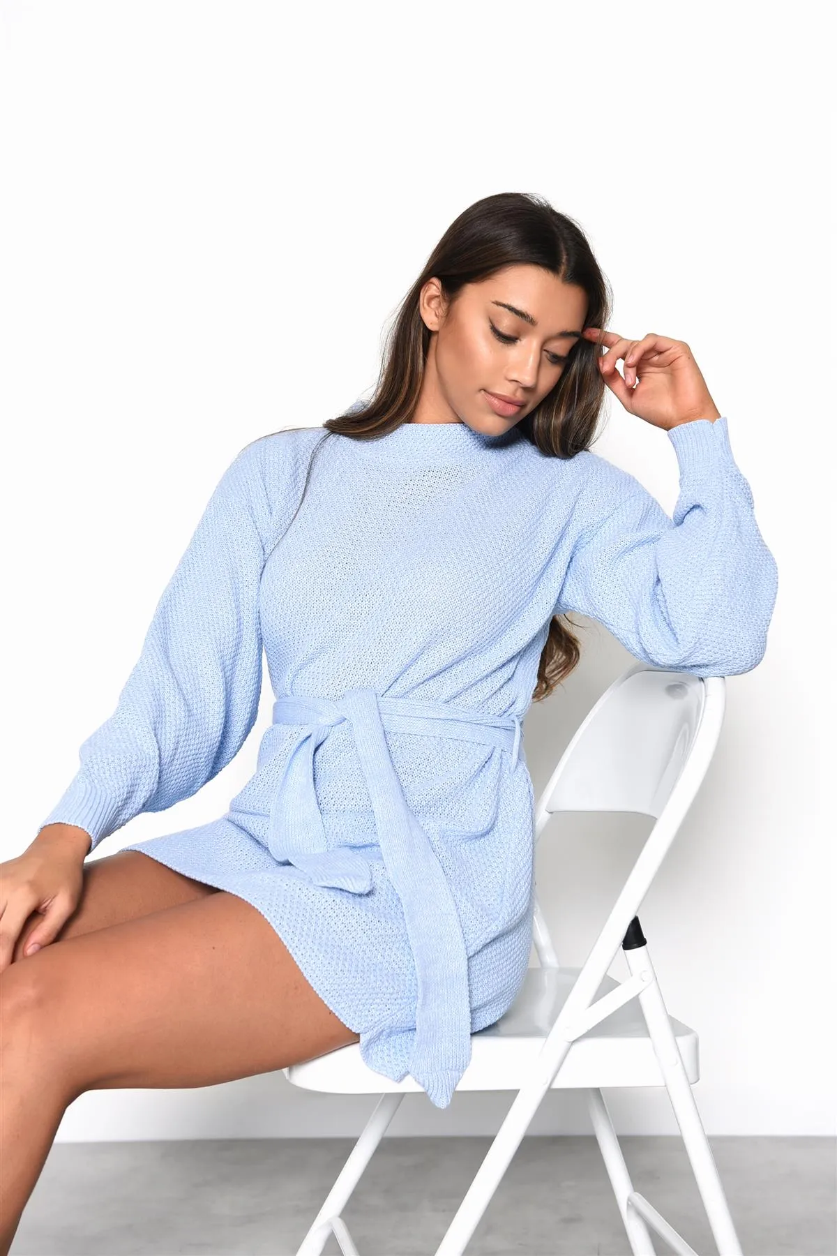 Light Blue Long Sleeve Tie-Waist Mini Dress sold by Glamorous product image thumbnail 3