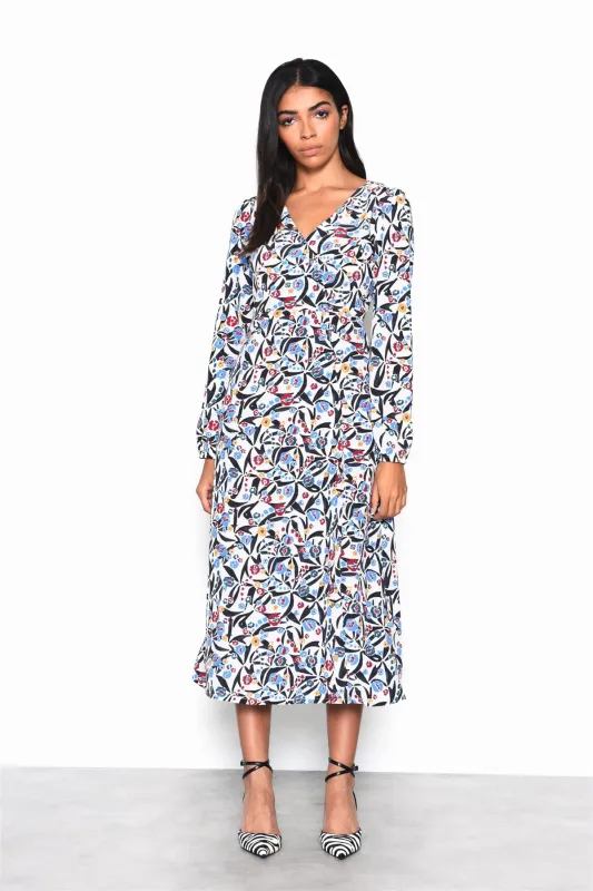 White Blue Multi Abstract V-Neck Midi Dress made by Glamorous