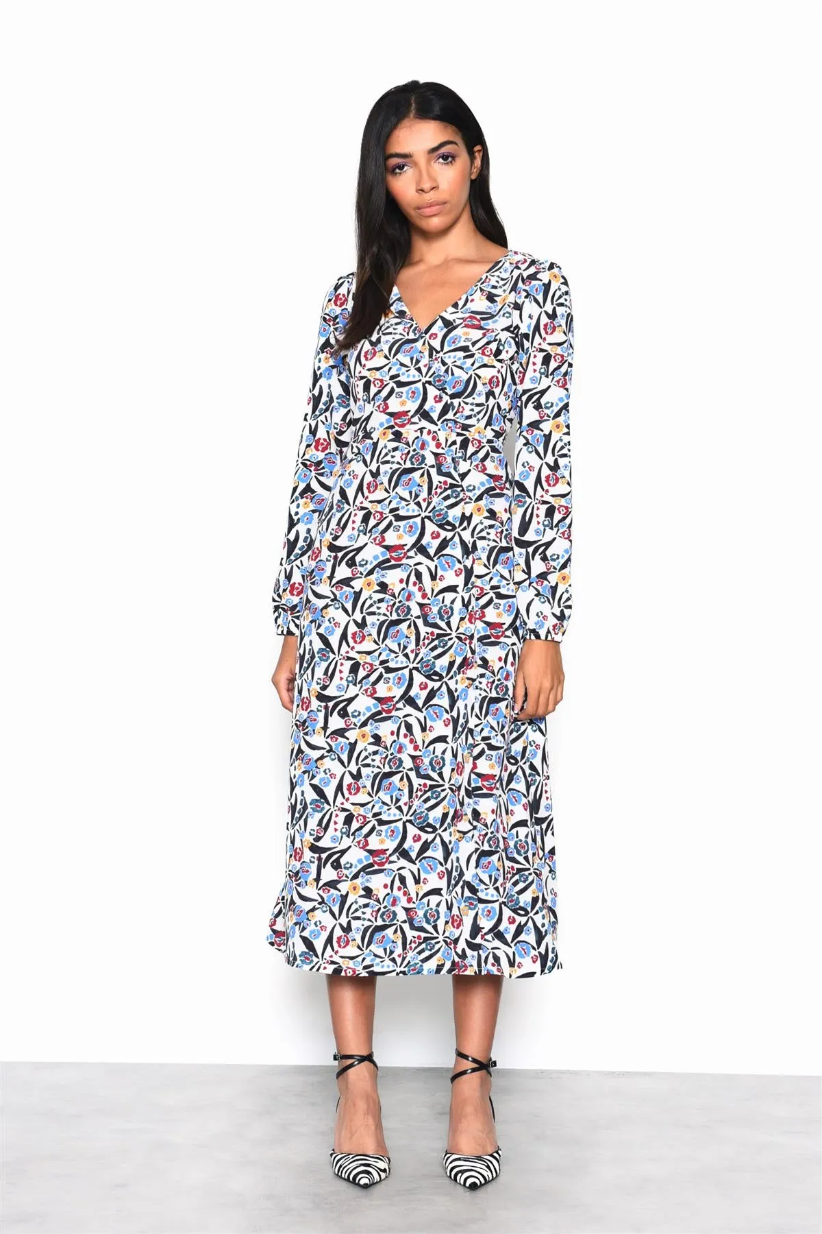 White Blue Multi Abstract V-Neck Midi Dress sold by Glamorous