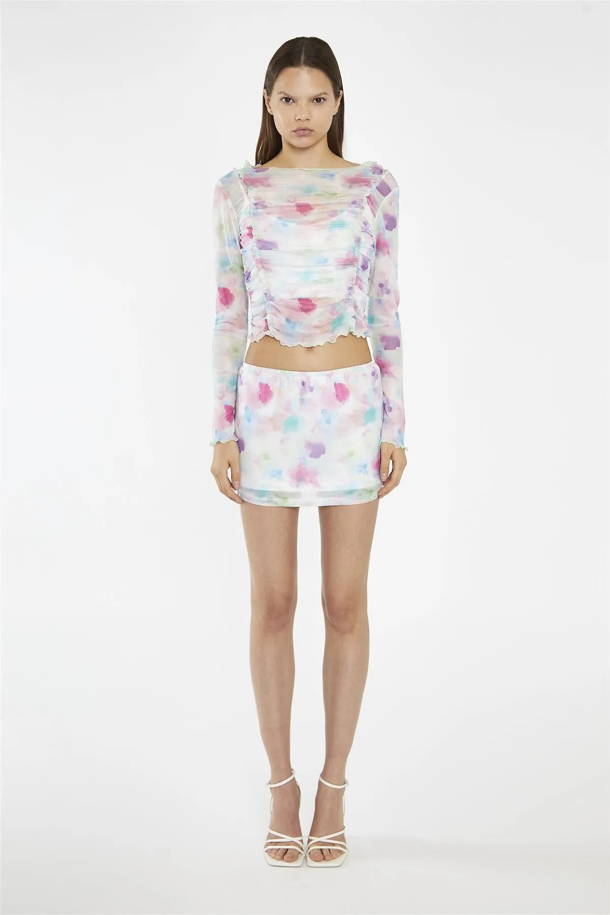 Watercolour Floral Mesh Mini Skirt sold by Glamorous