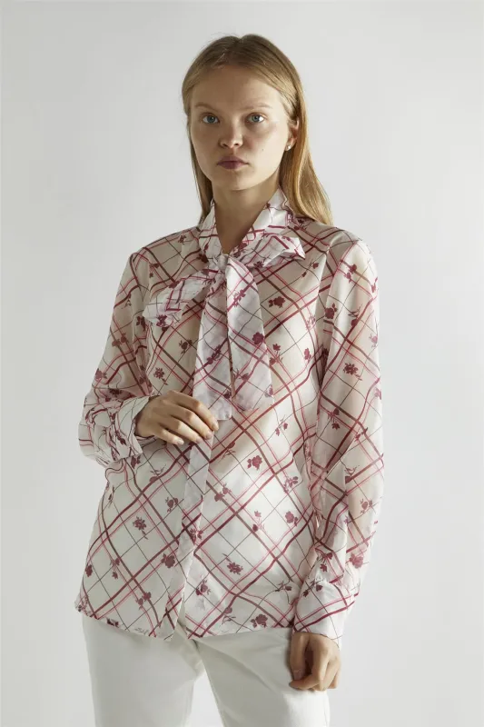 Burgundy Floral Check Tie Detail Blouse made by Glamorous