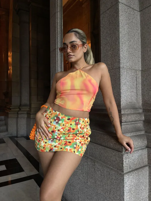 Orange Yellow Tie Dye Halter Crop Top made by Glamorous