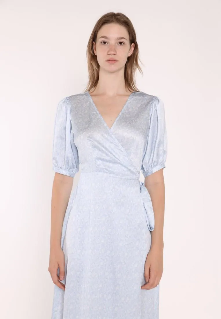 Pale Blue Ditsy Short Sleeve Wrap Midi Dress sold by Glamorous