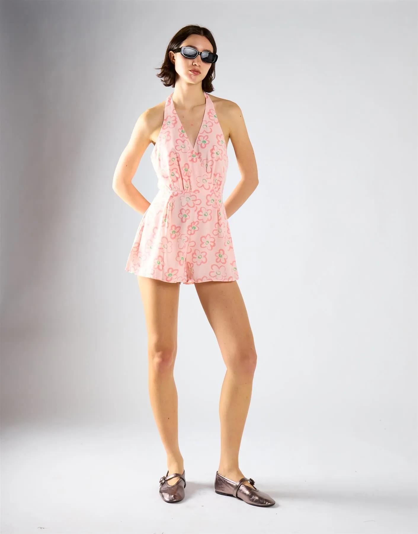 Pink Painted Floral Halter Tie Neck Playsuit sold by Glamorous
