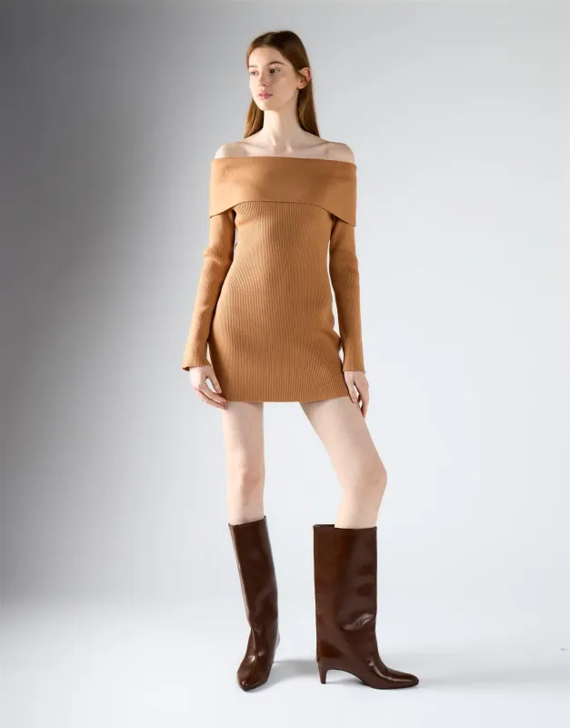 Tan Bardot Knitted Mini Dress made by Glamorous