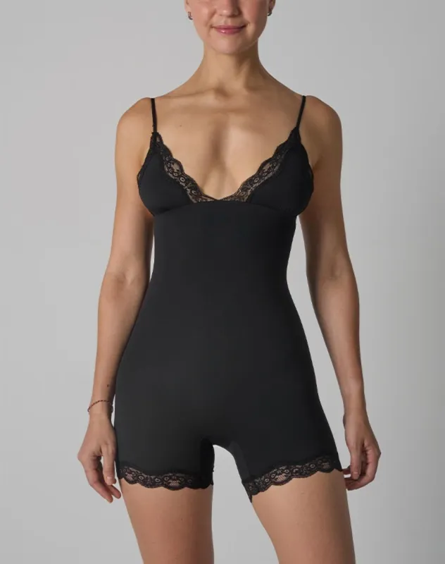 Agon Black Lace-Trimmed Deep-V Playsuit made by Glamorous