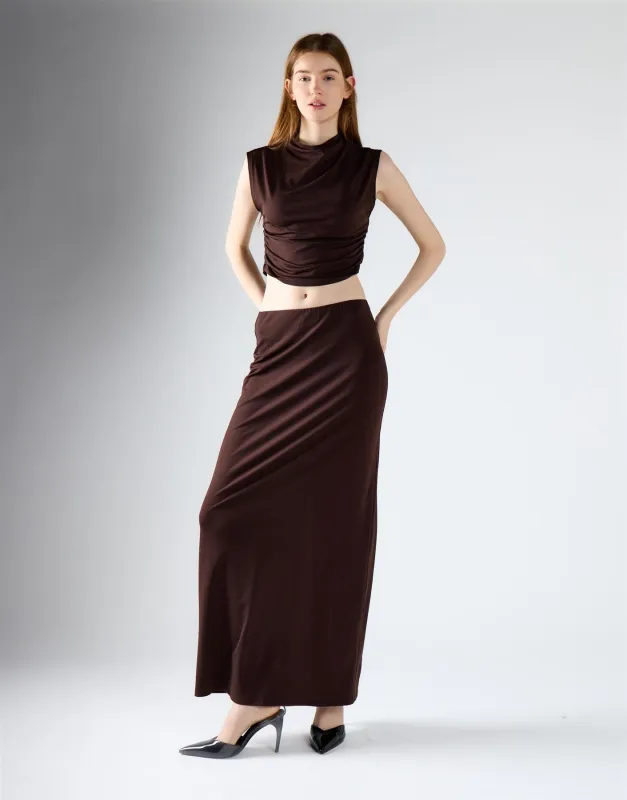 Brown Ruched Mock-Neck Sleeveless Crop Top made by Glamorous