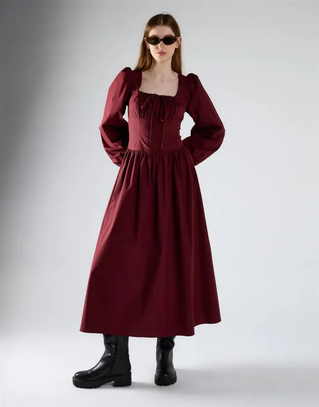 Burgundy Ruched Bust Long Sleeve Midi Dress made by Glamorous