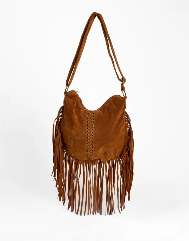 Tan Fringe Whipstitch Hobo Bag made by Glamorous