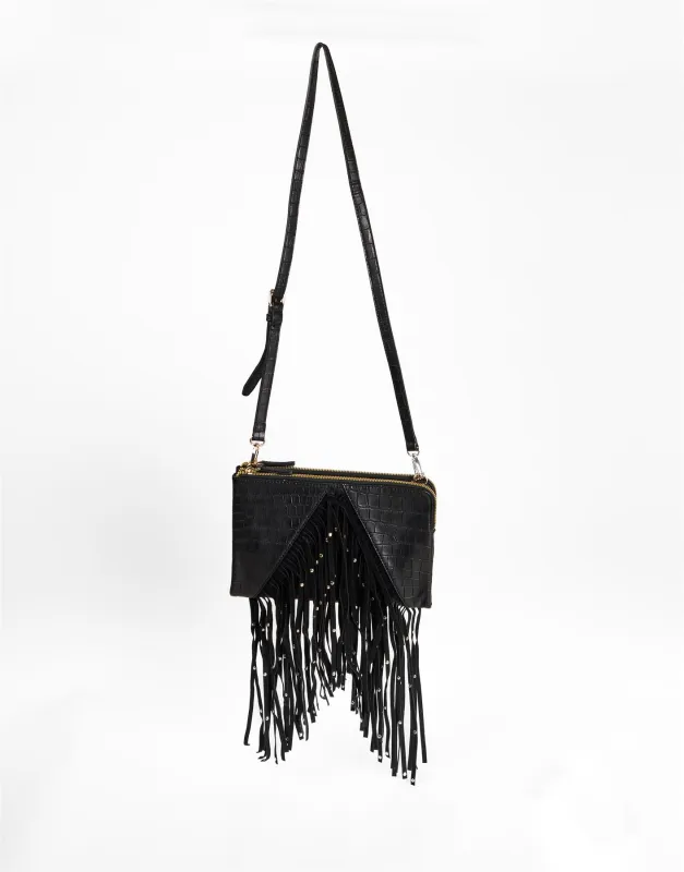 Black Croc Fringe Crossbody Bag made by Glamorous
