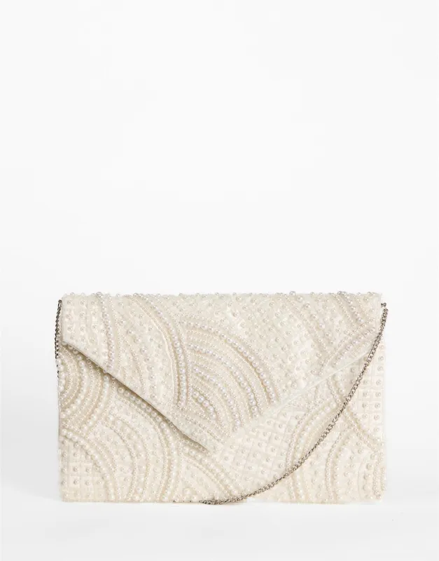 Off-White Pearl Swirl Envelope Clutch made by Glamorous