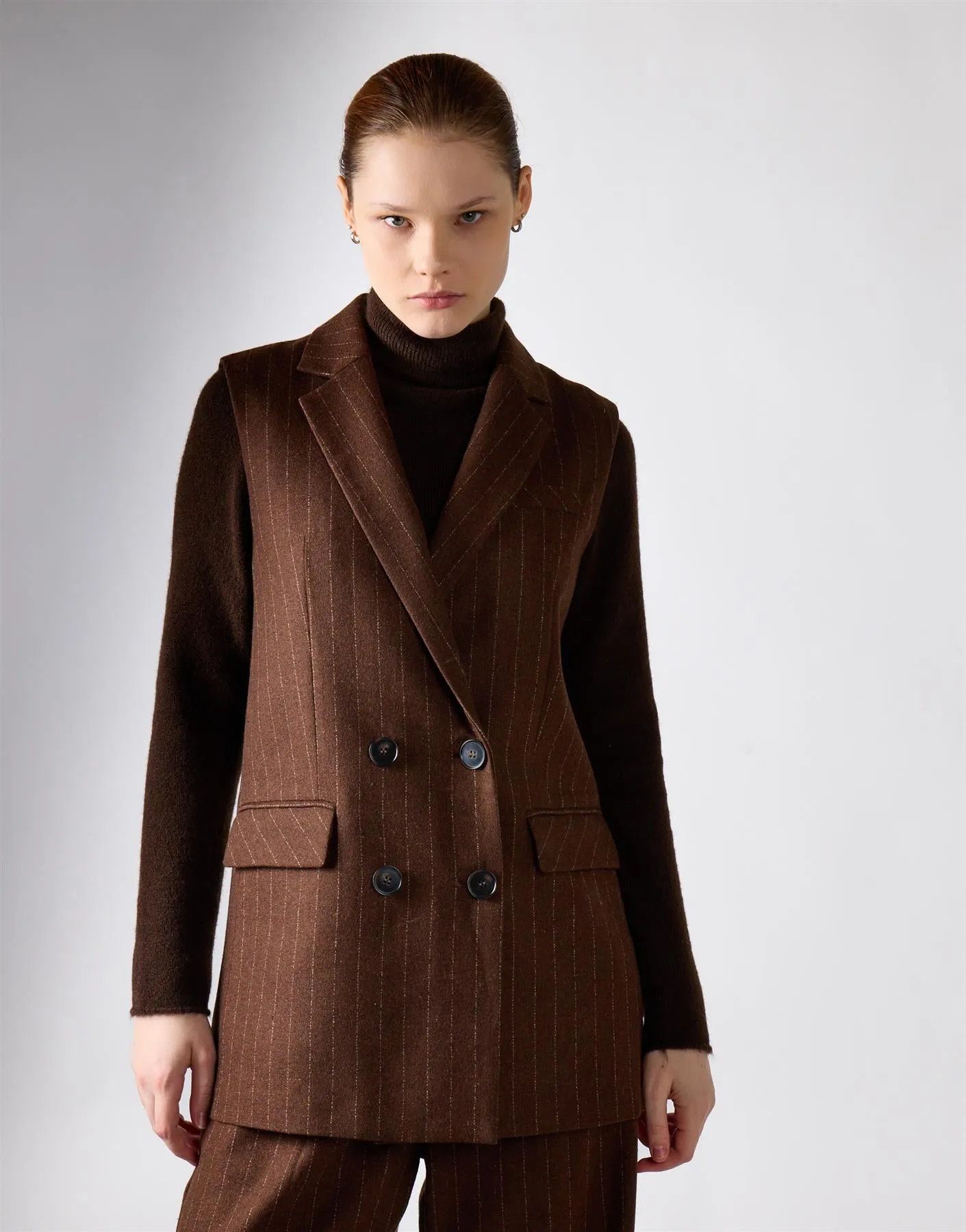 Narrated Brown Stripe Double-Breasted Tailored Vest sold by Glamorous