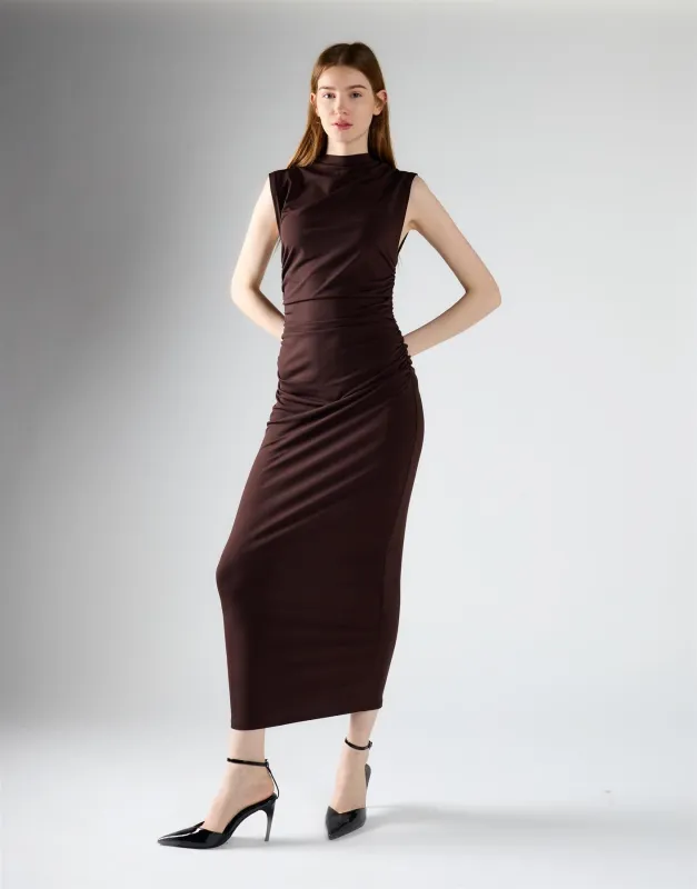 Brown Sleeveless High-Neck Ruched Midi Bodycon Dress made by Glamorous