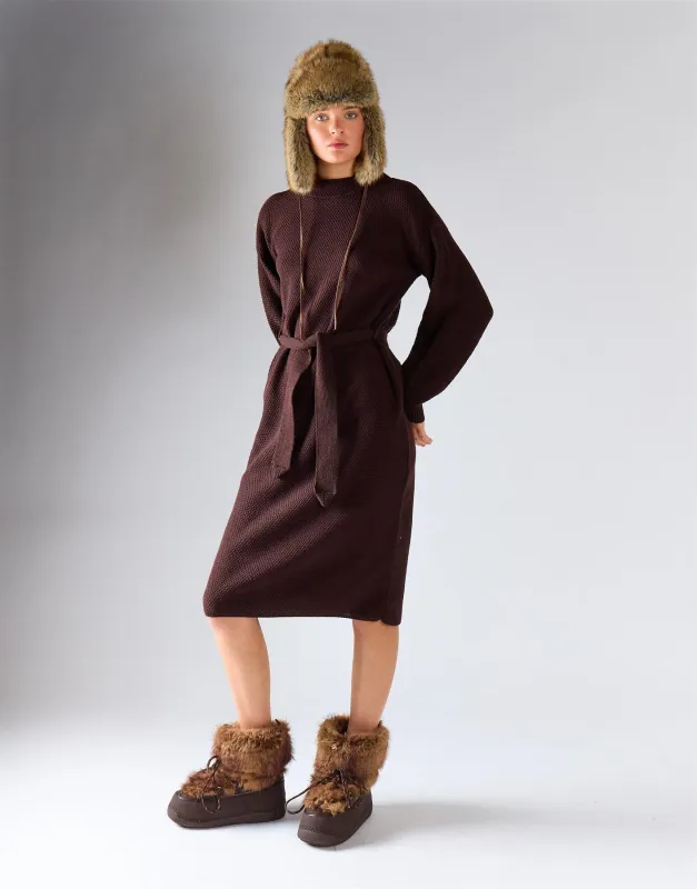 Walnut Belted Long-Sleeves Knit Midi Dress made by Glamorous
