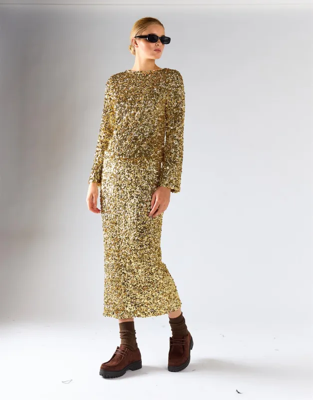 Gold Sequin Side-Slit Midi Skirt made by Glamorous
