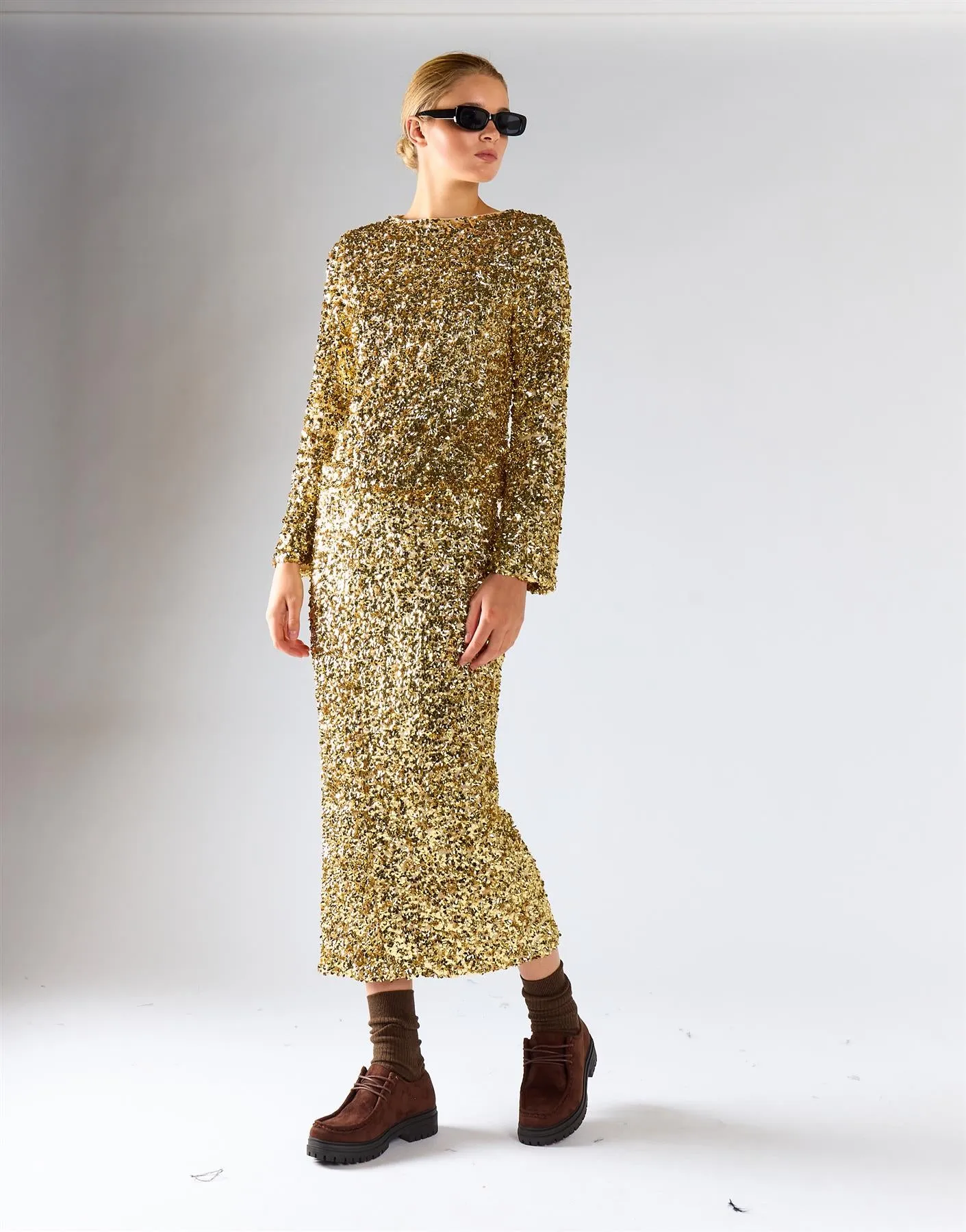 Gold Sequin Side-Slit Midi Skirt sold by Glamorous