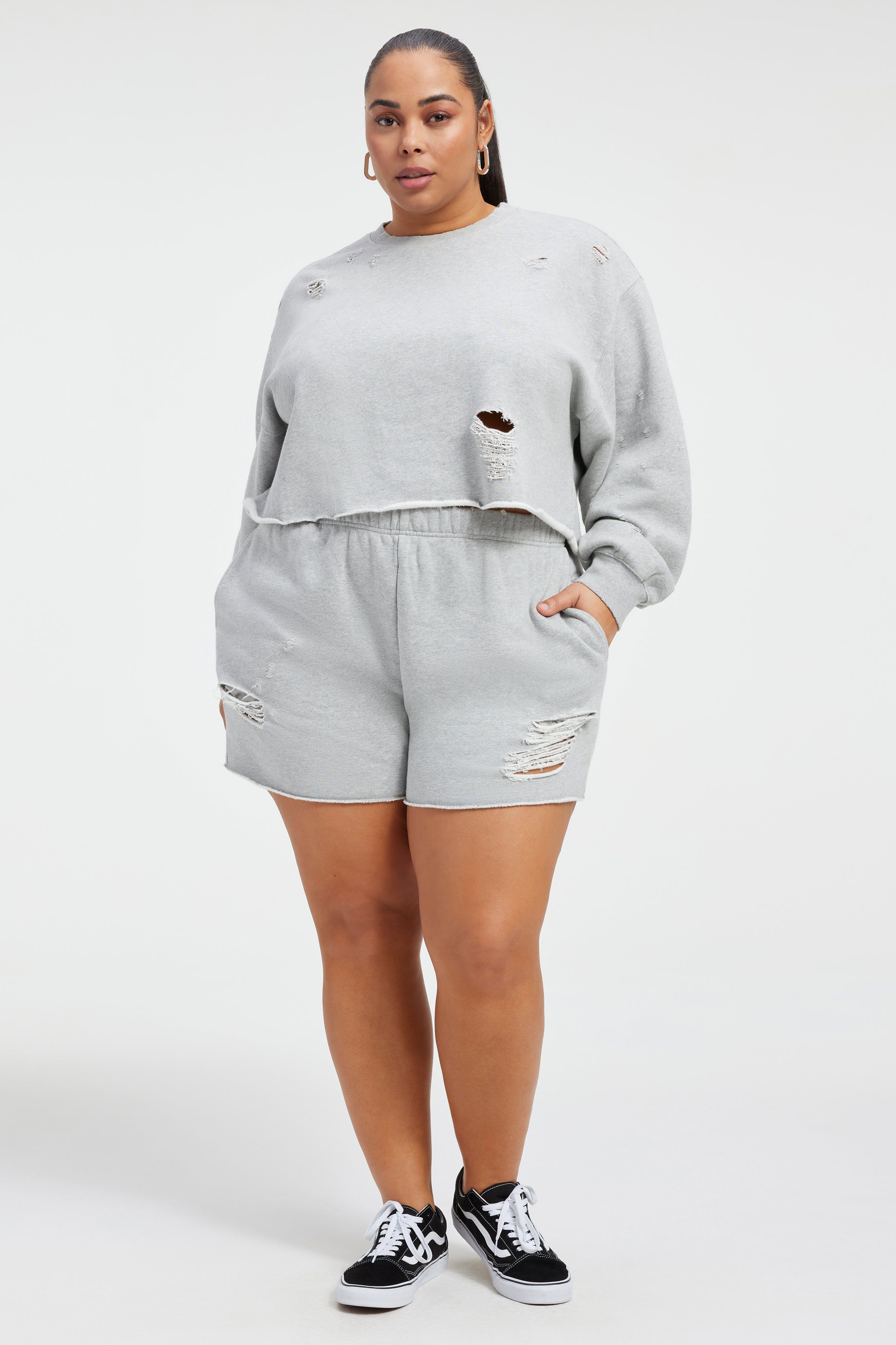 DISTRESSED CROPPED SWEATSHIRT | HEATHER GREY001 sold by Good American product image thumbnail 2