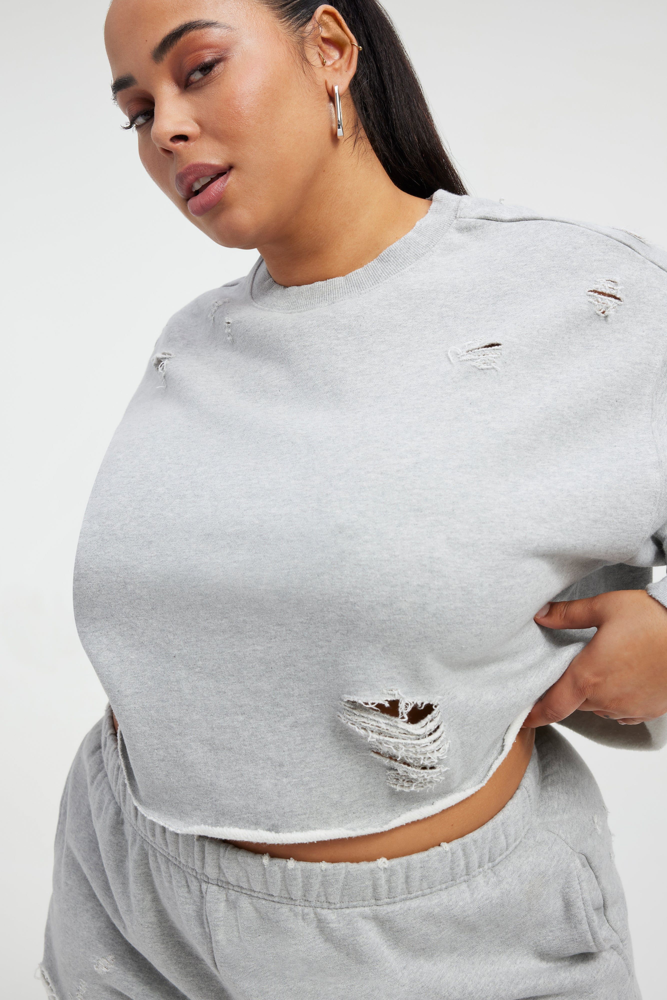 DISTRESSED CROPPED SWEATSHIRT | HEATHER GREY001 sold by Good American product image thumbnail 3
