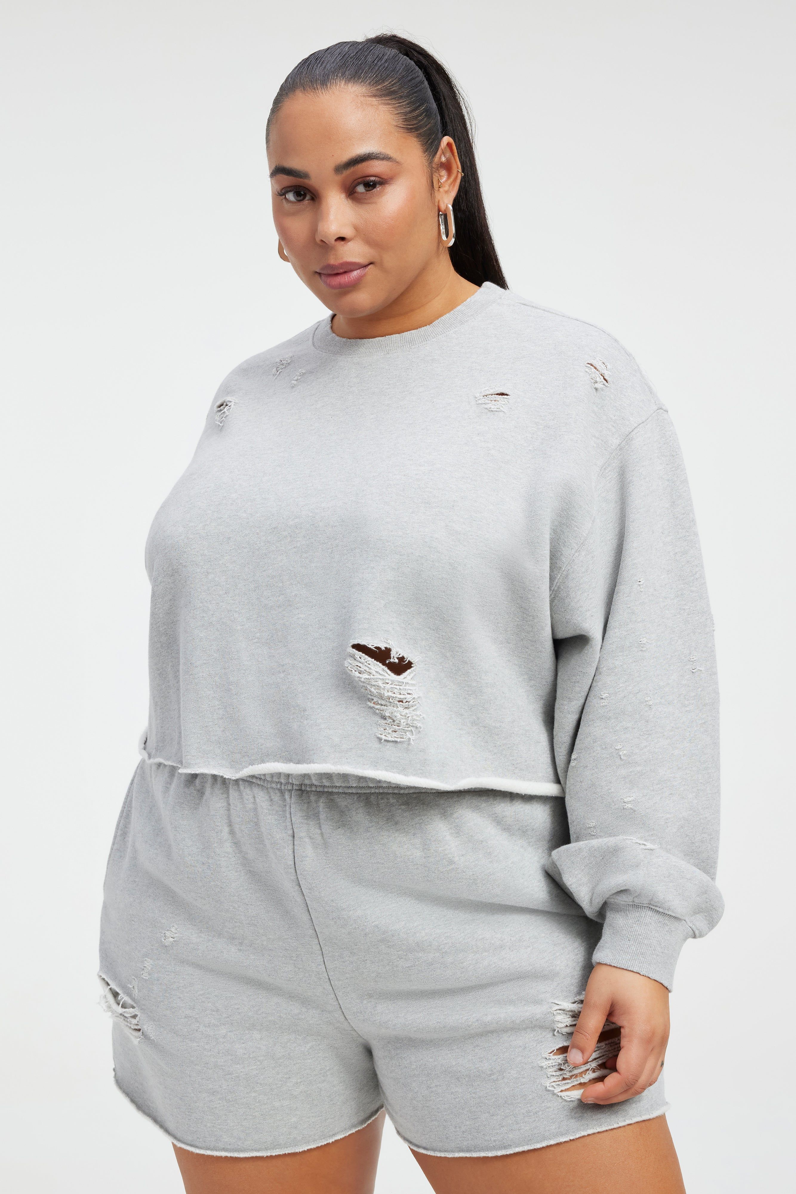 DISTRESSED CROPPED SWEATSHIRT | HEATHER GREY001 sold by Good American