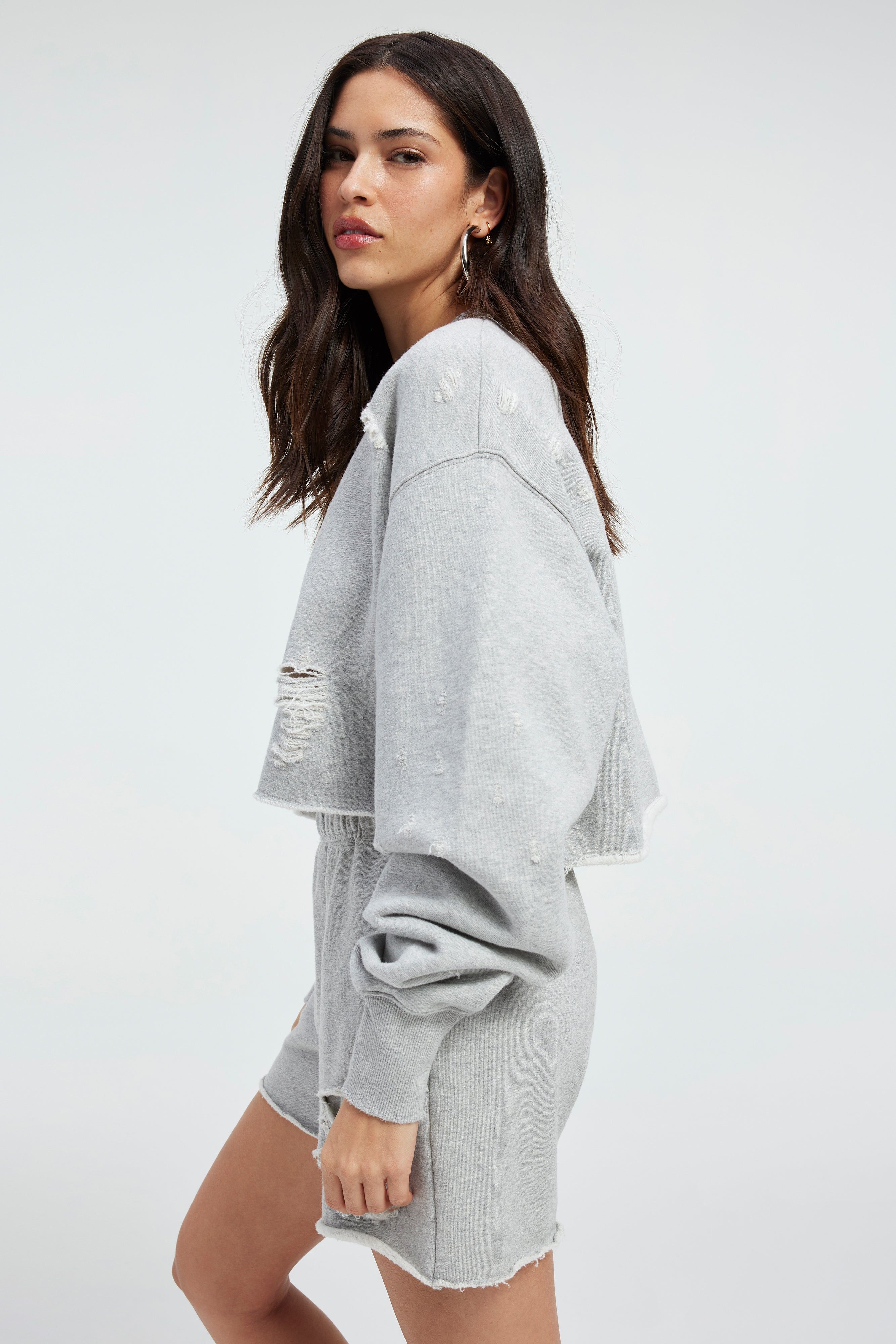 DISTRESSED CROPPED SWEATSHIRT | HEATHER GREY001 sold by Good American product image thumbnail 8