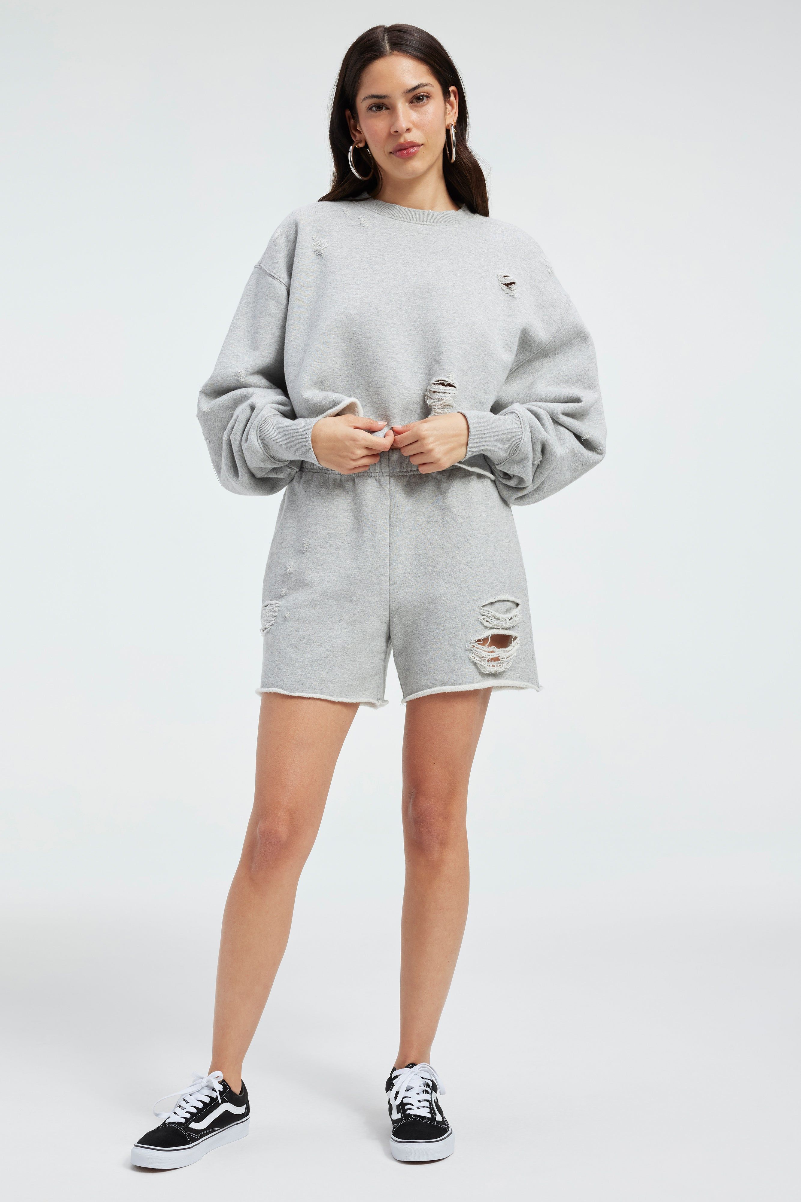 DISTRESSED CROPPED SWEATSHIRT | HEATHER GREY001 sold by Good American product image thumbnail 7