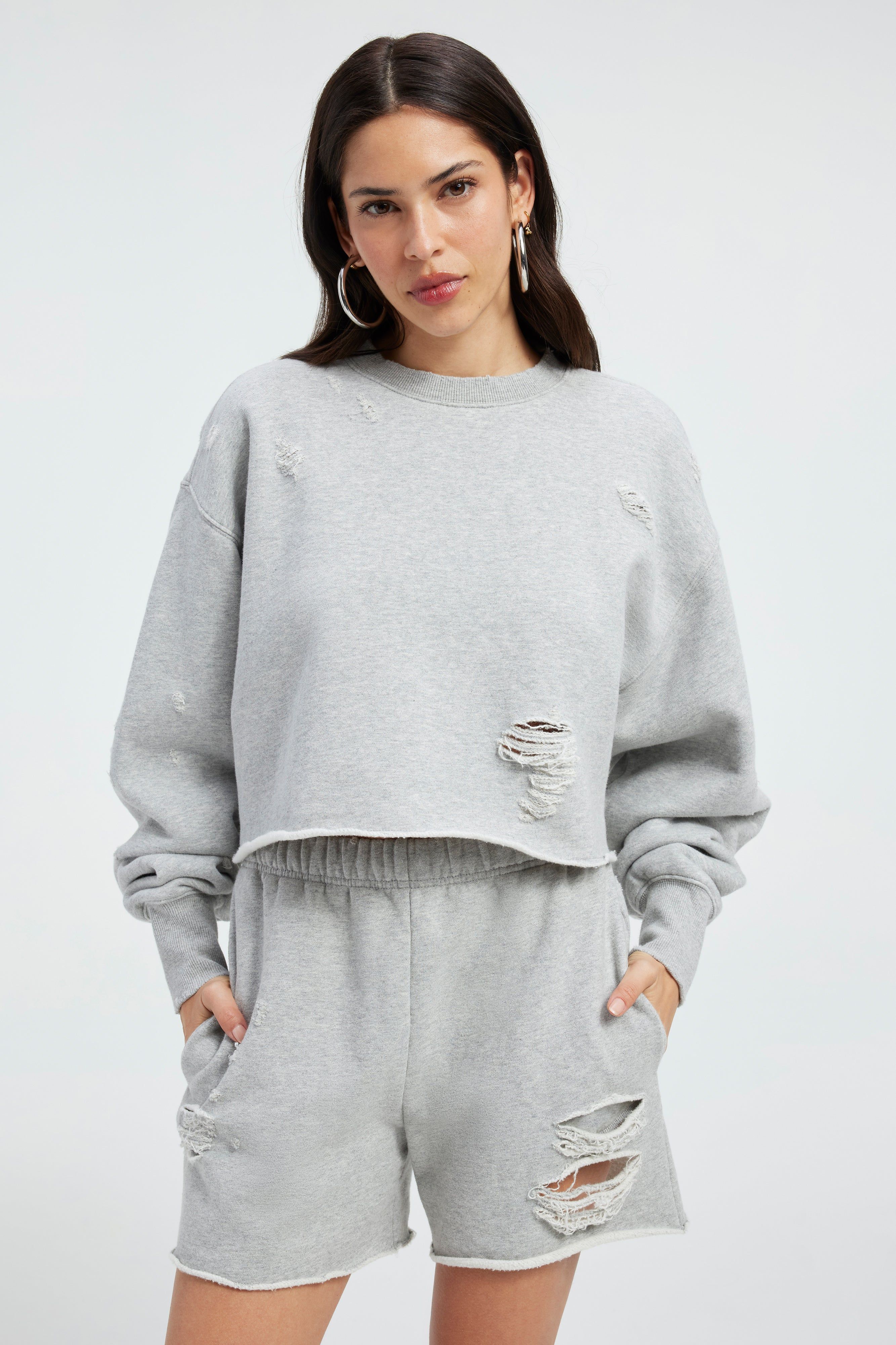 DISTRESSED CROPPED SWEATSHIRT | HEATHER GREY001 sold by Good American product image thumbnail 6