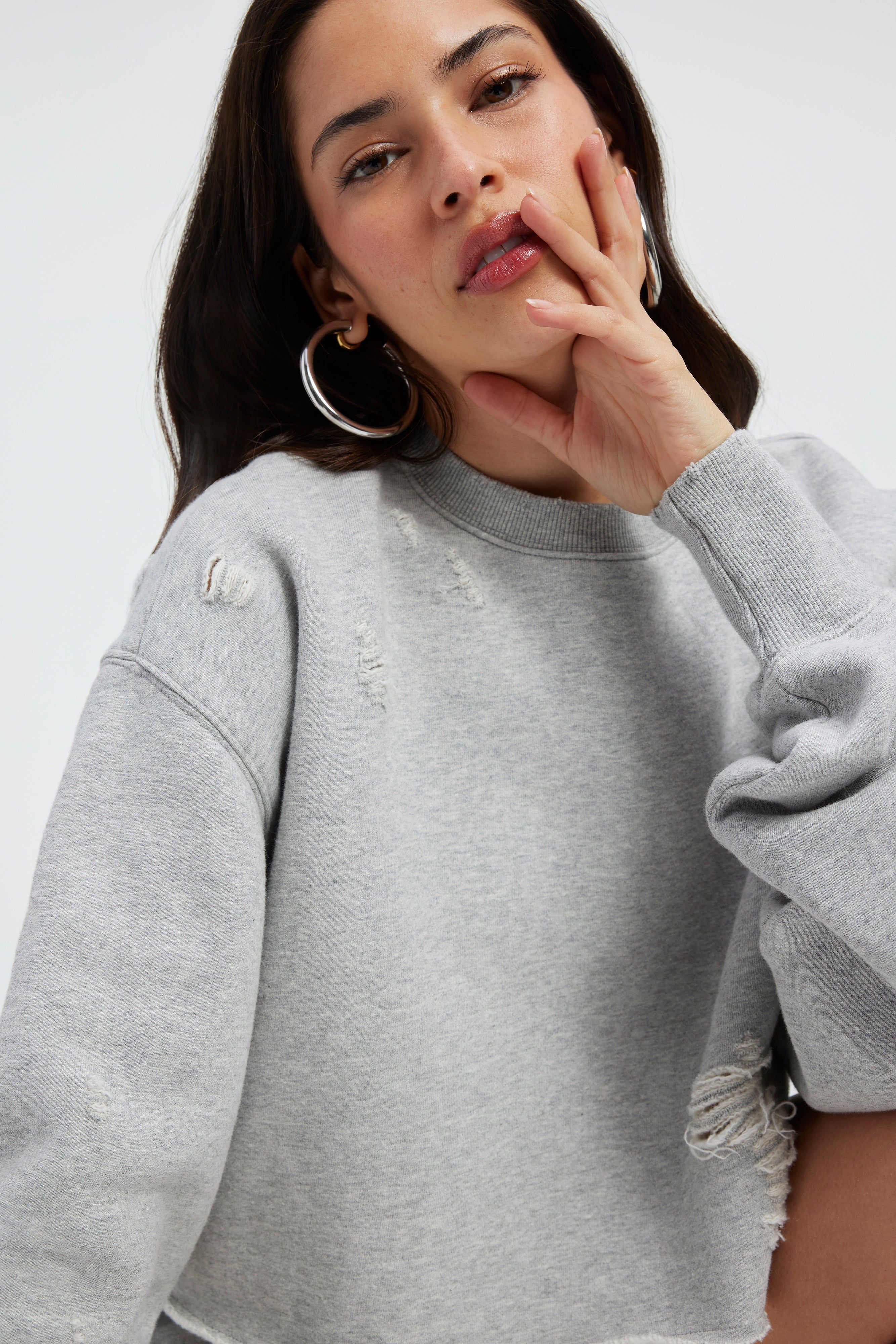 DISTRESSED CROPPED SWEATSHIRT | HEATHER GREY001 sold by Good American product image thumbnail 10