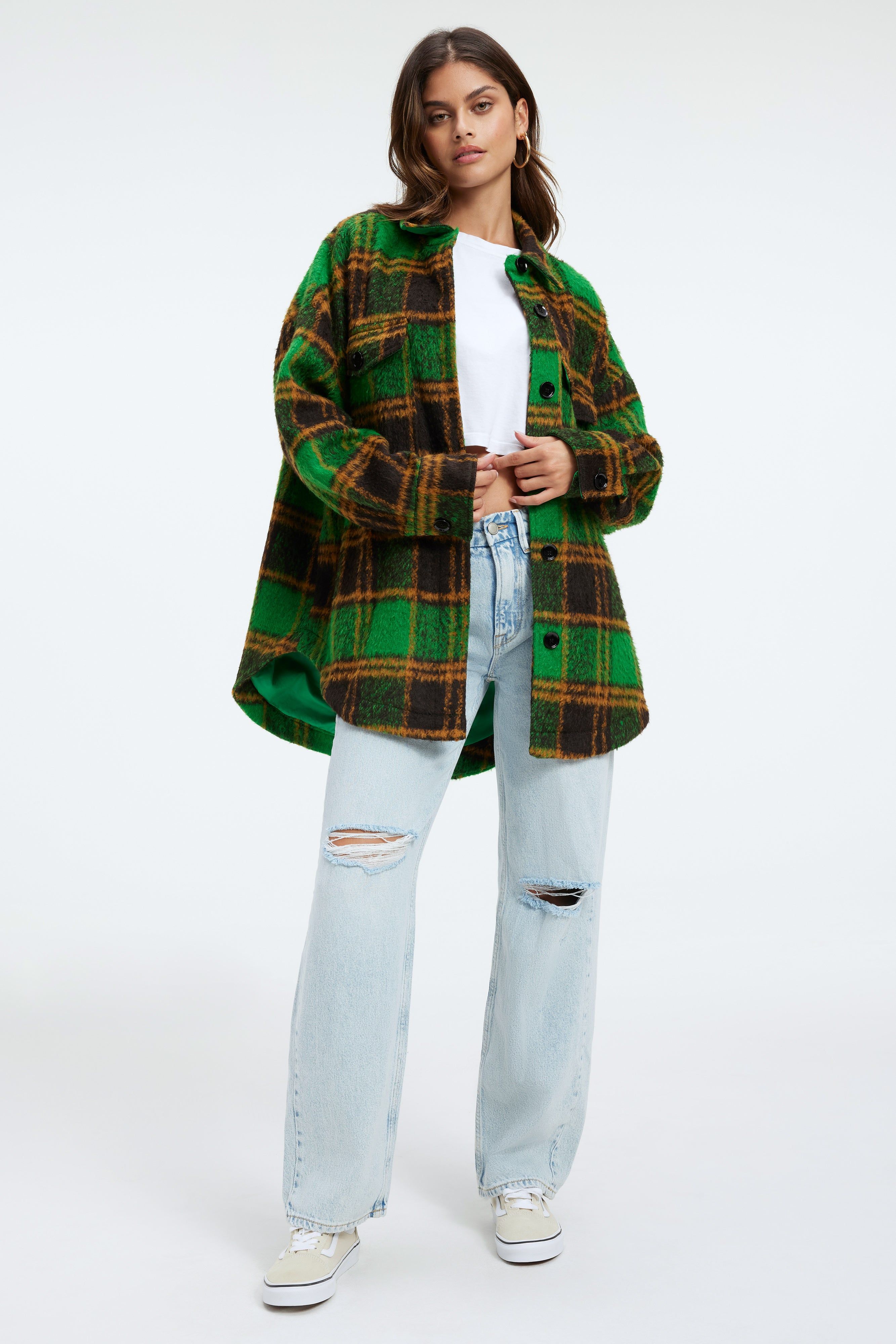 BRUSHED BOYFRIEND SHACKET | SUMMER GREEN & BLACK sold by Good American product image thumbnail 3