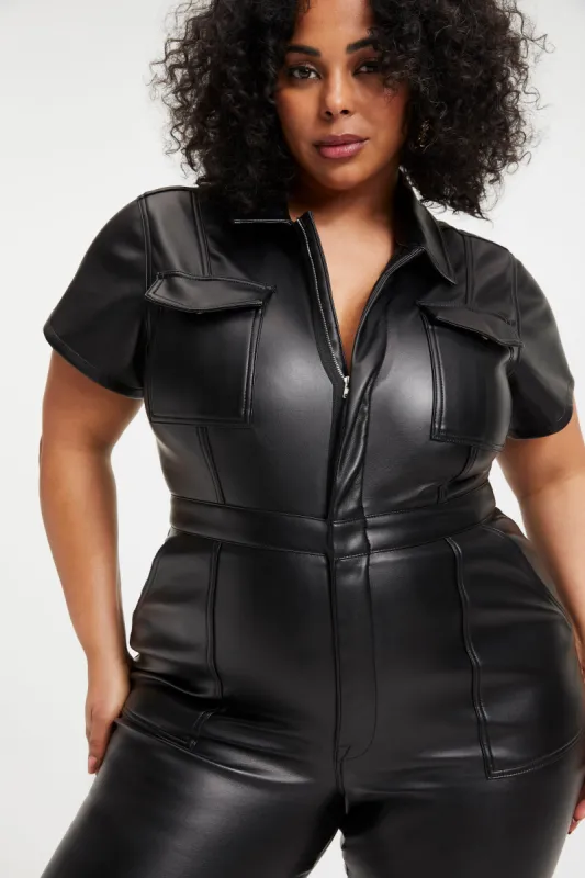 FAUX LEATHER FIT FOR SUCCESS JUMPSUIT | BLACK001 sold by Good American