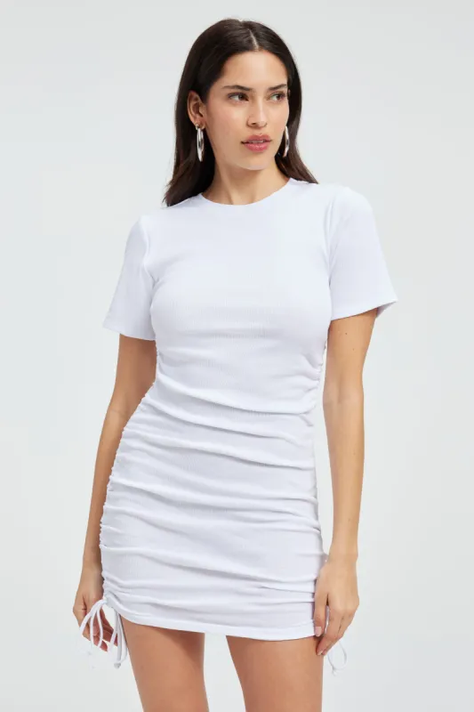 RUCHED COTTON RIB MINI DRESS | WHITE001 sold by Good American