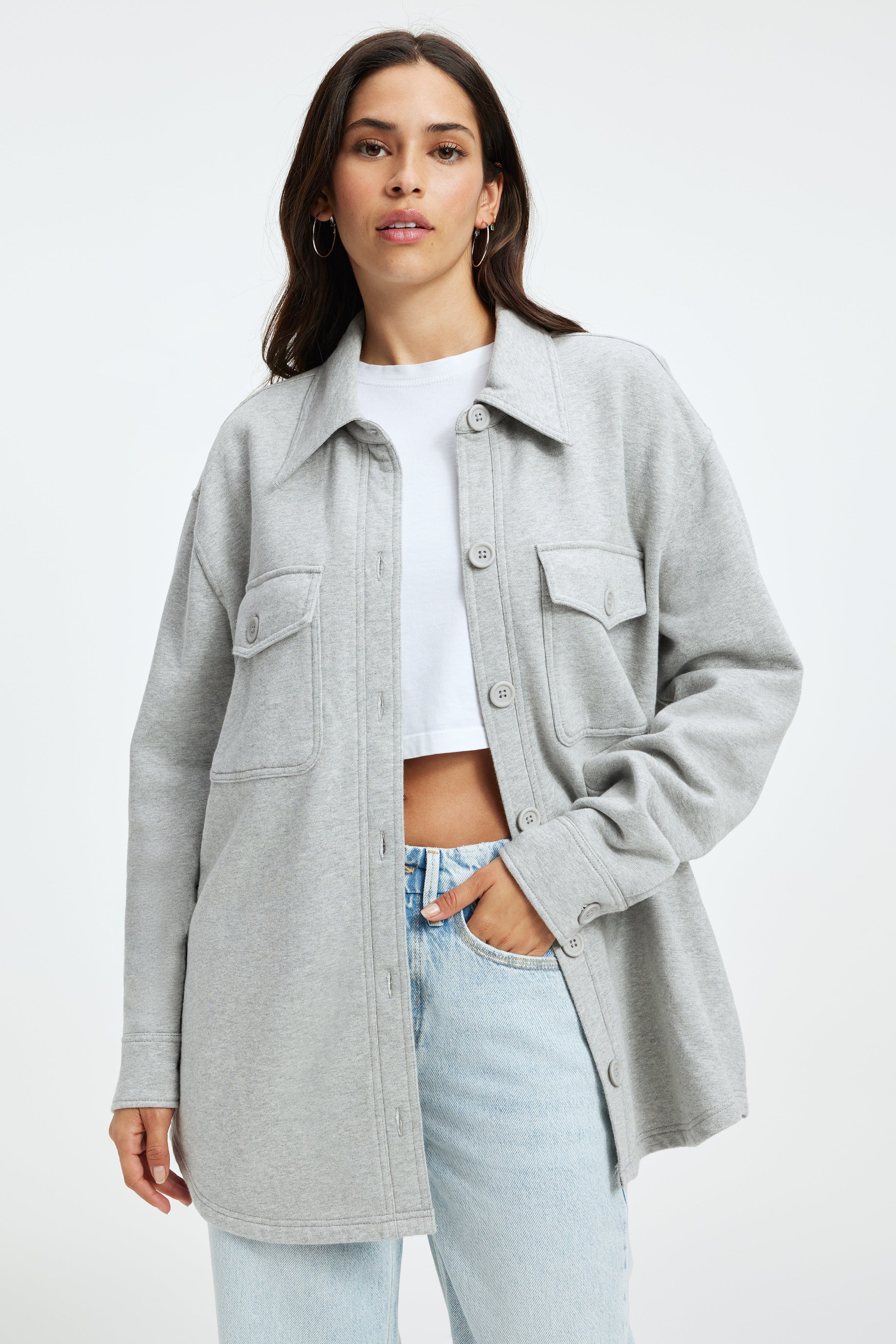 SUEDED FLEECE SHACKET | HEATHER GREY001 sold by Good American