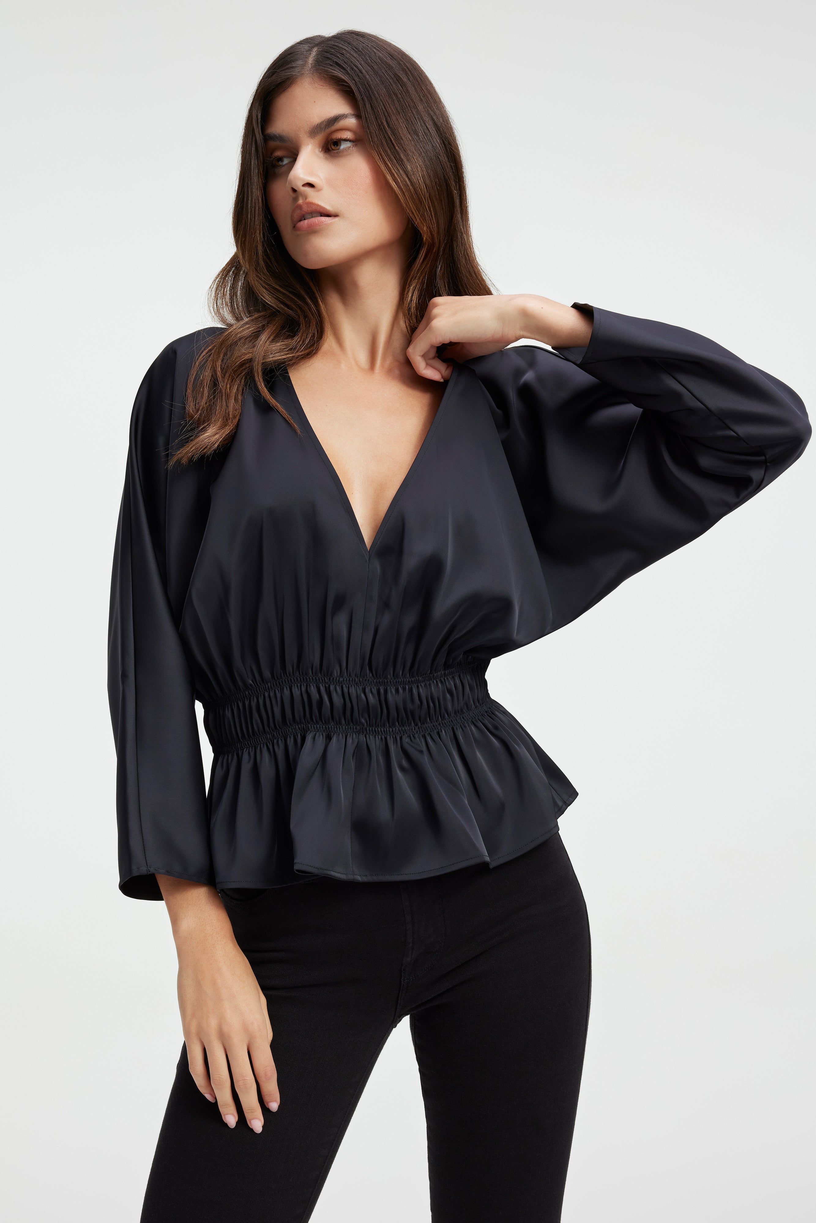 SATIN DEEP V-NECK TOP | BLACK001 sold by Good American product image thumbnail 6