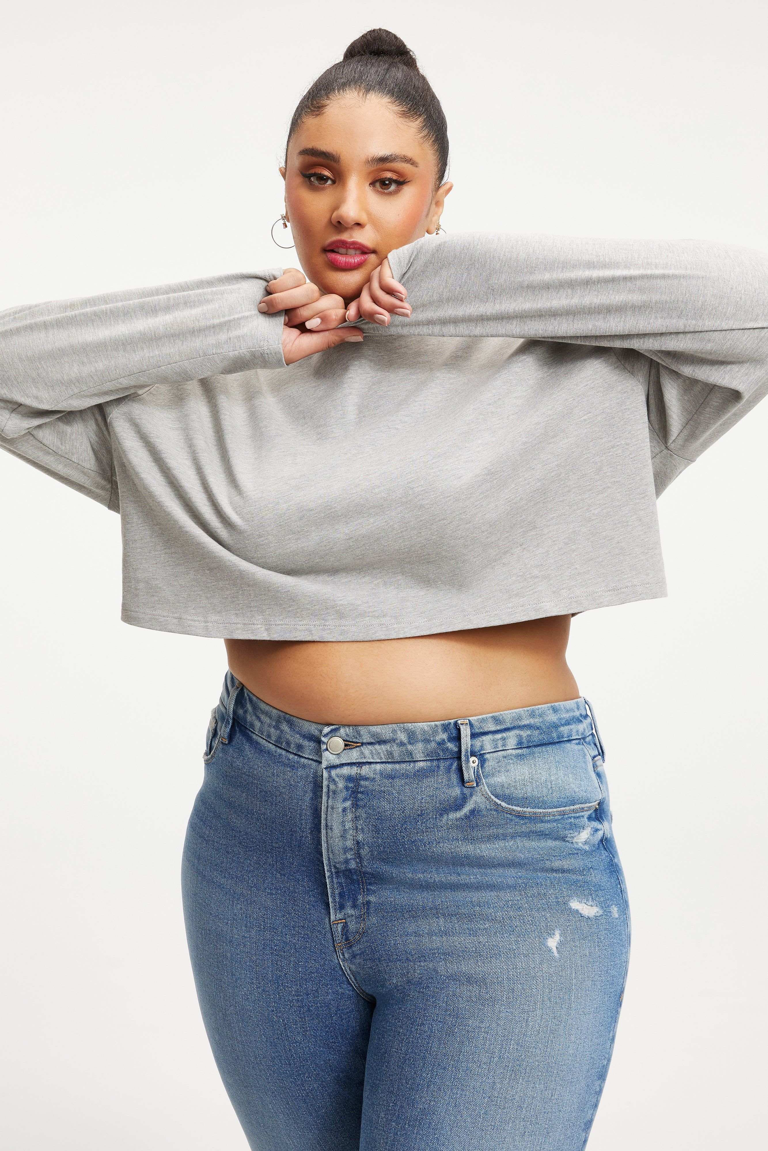 COTTON CROPPED LONG SLEEVE | HEATHER GREY001 sold by Good American product image thumbnail 4