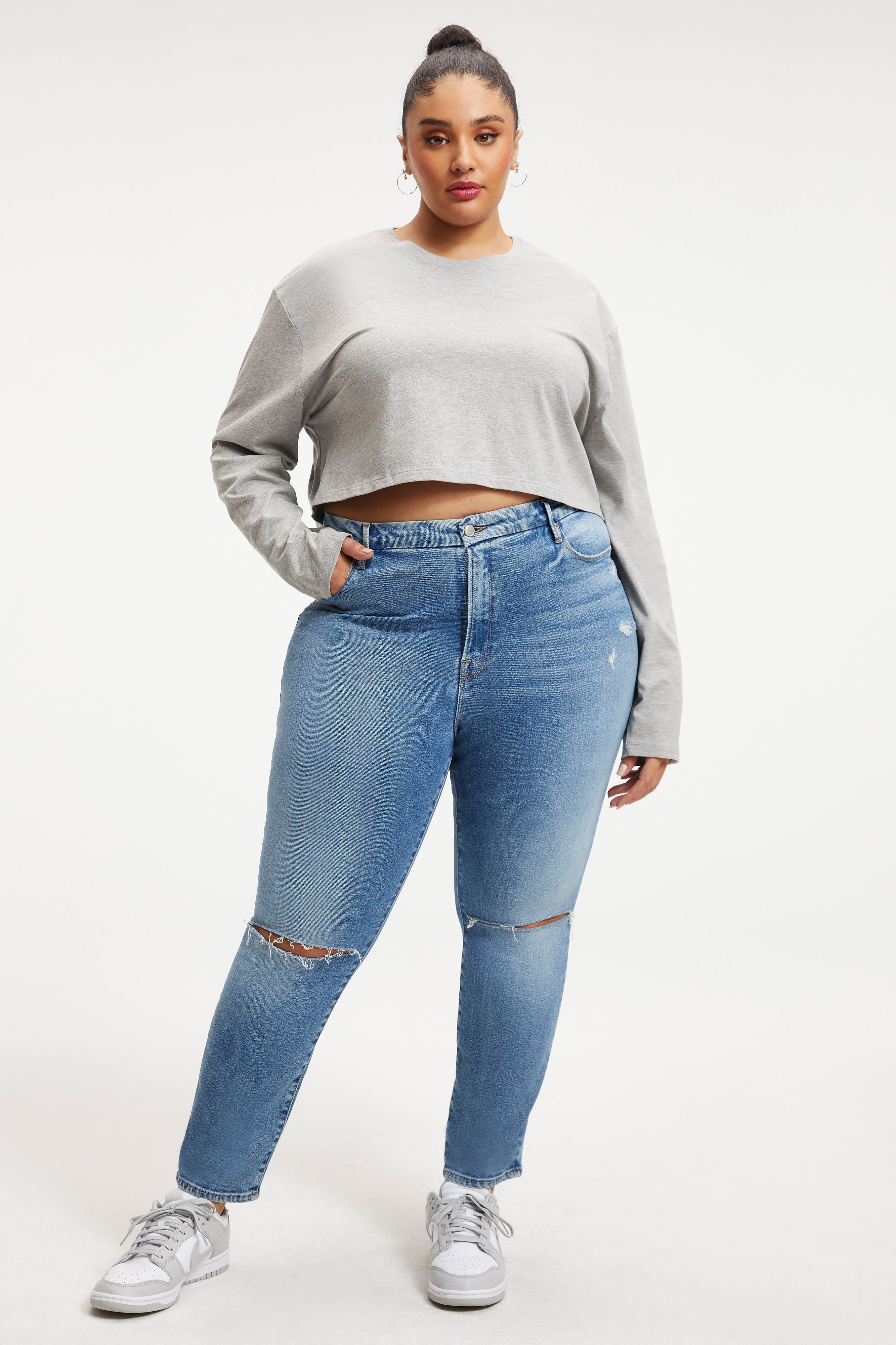 COTTON CROPPED LONG SLEEVE | HEATHER GREY001 sold by Good American product image thumbnail 2