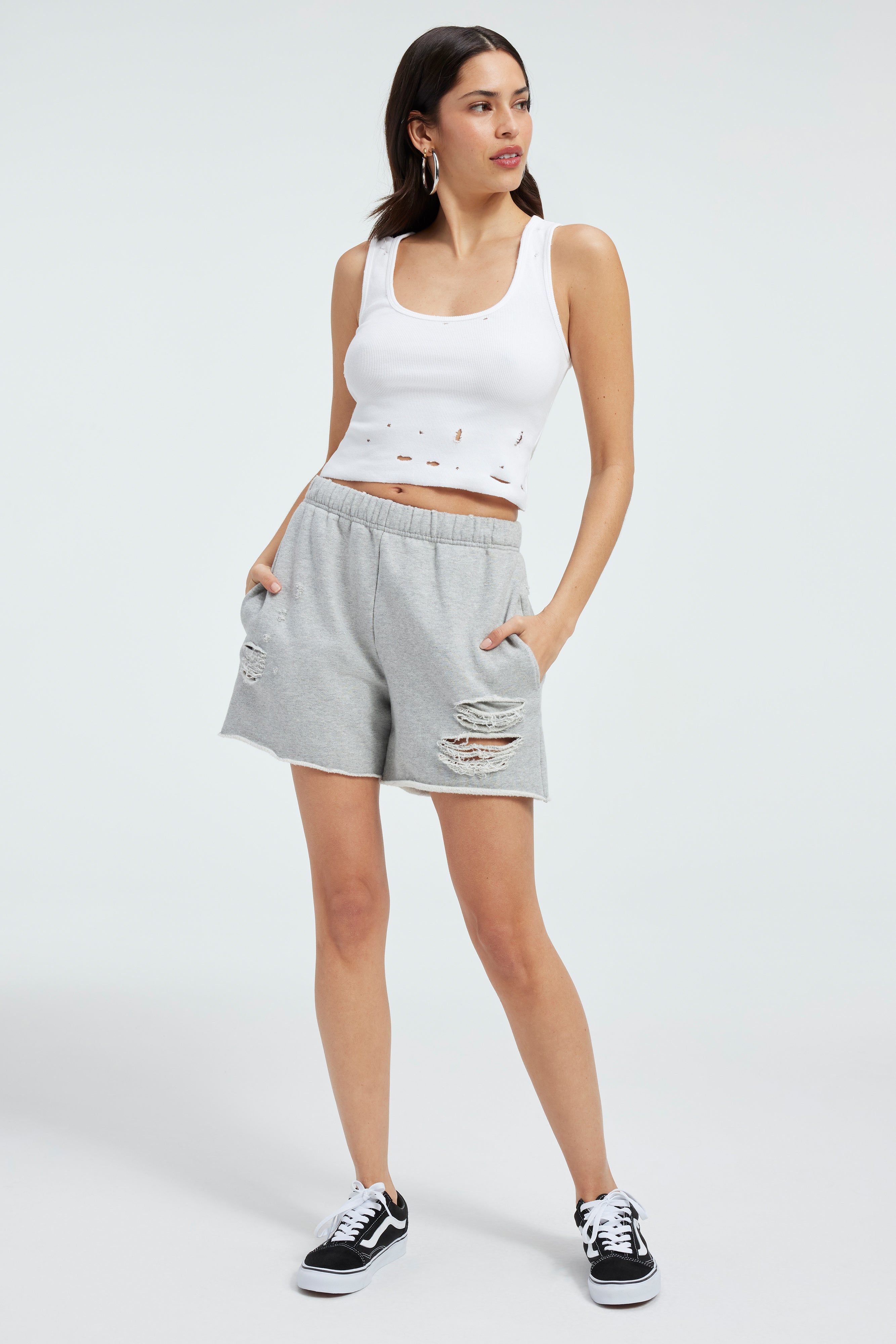 DISTRESSED FLEECE SHORTS | HEATHER GREY001 sold by Good American product image thumbnail 7
