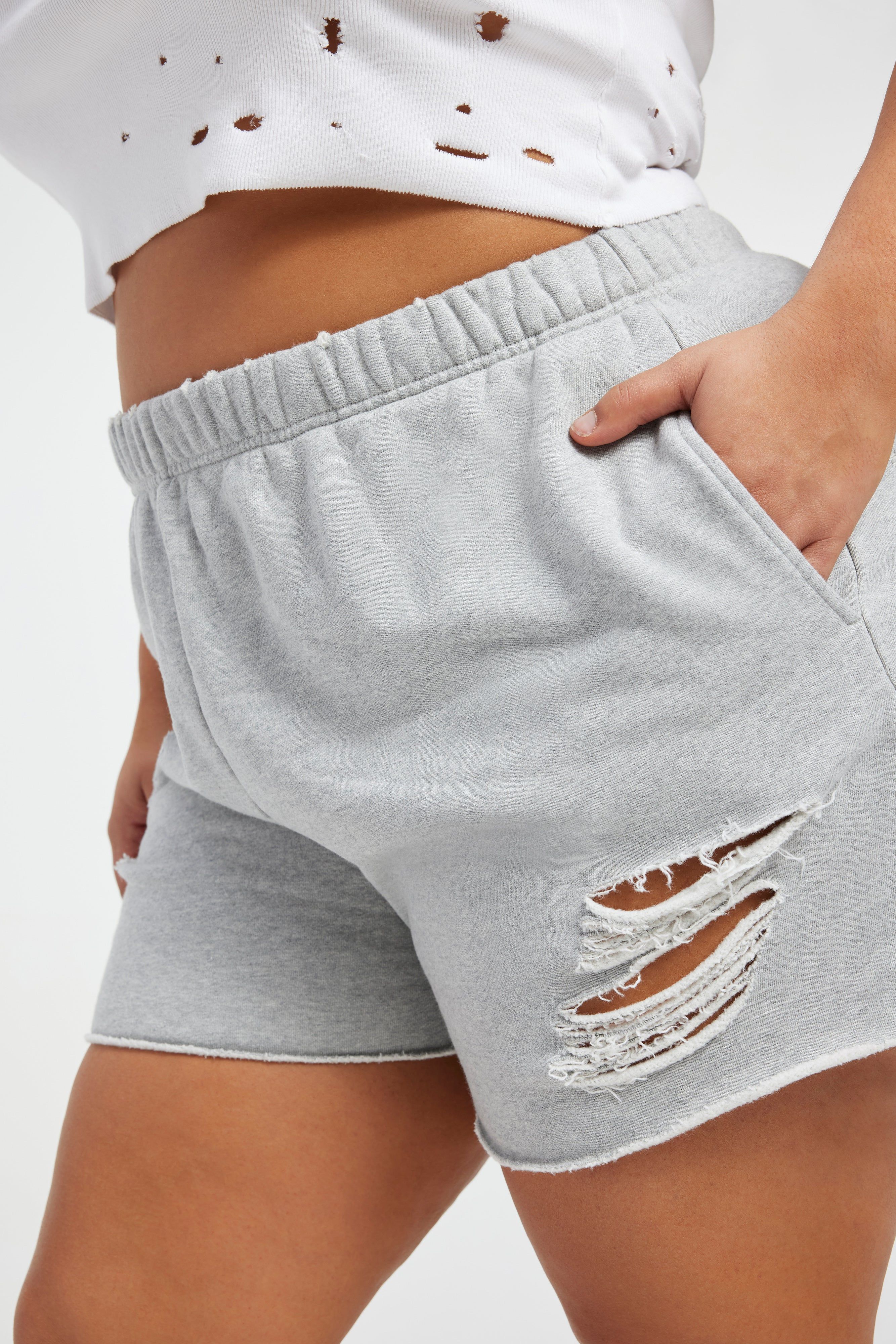 DISTRESSED FLEECE SHORTS | HEATHER GREY001 sold by Good American