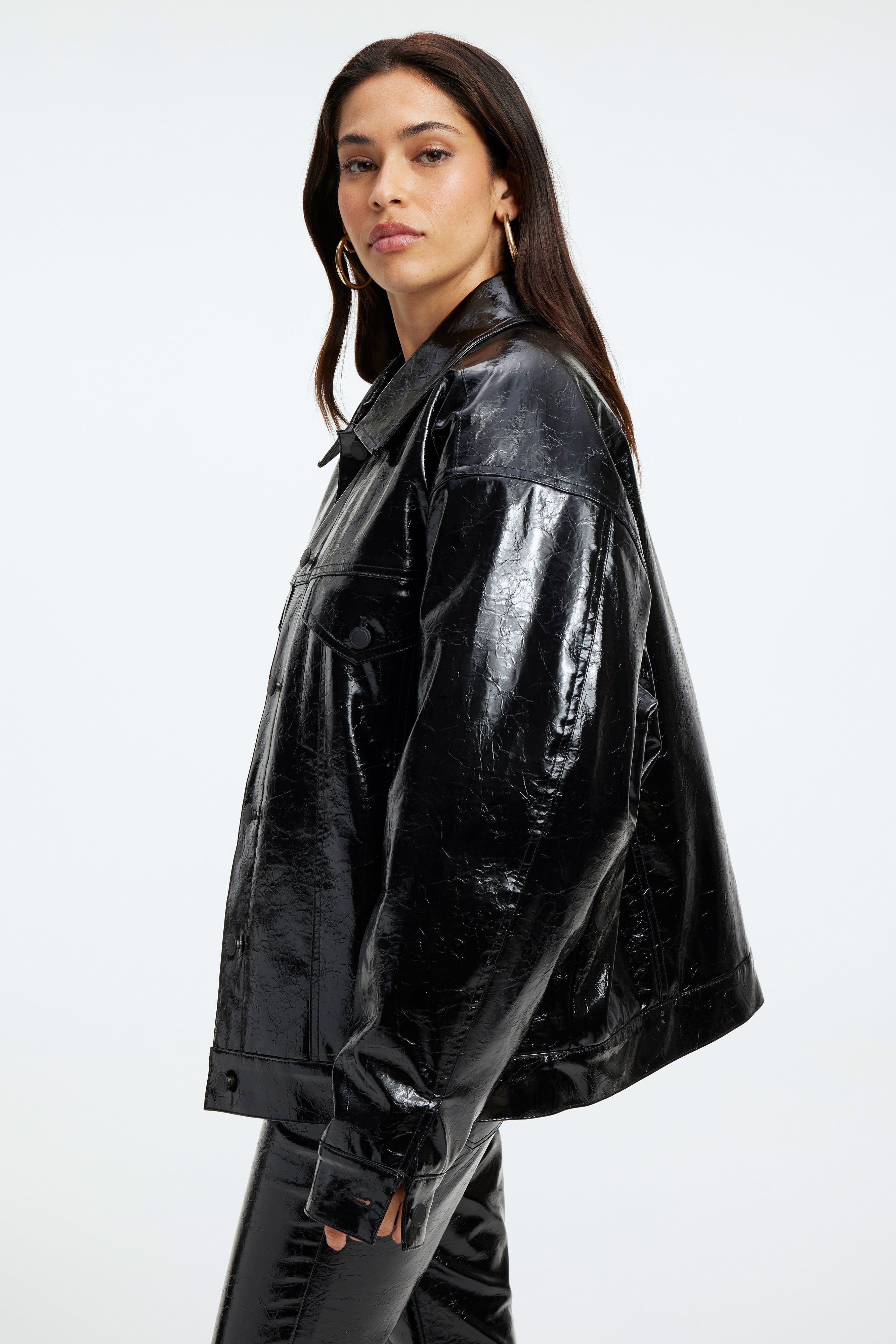 FAUX LEATHER TRUCKER JACKET | BLACK001 sold by Good American product image thumbnail 4