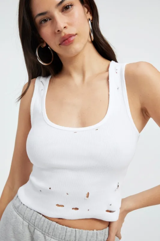 DISTRESSED RIB TANK TOP | IVORY001 sold by Good American