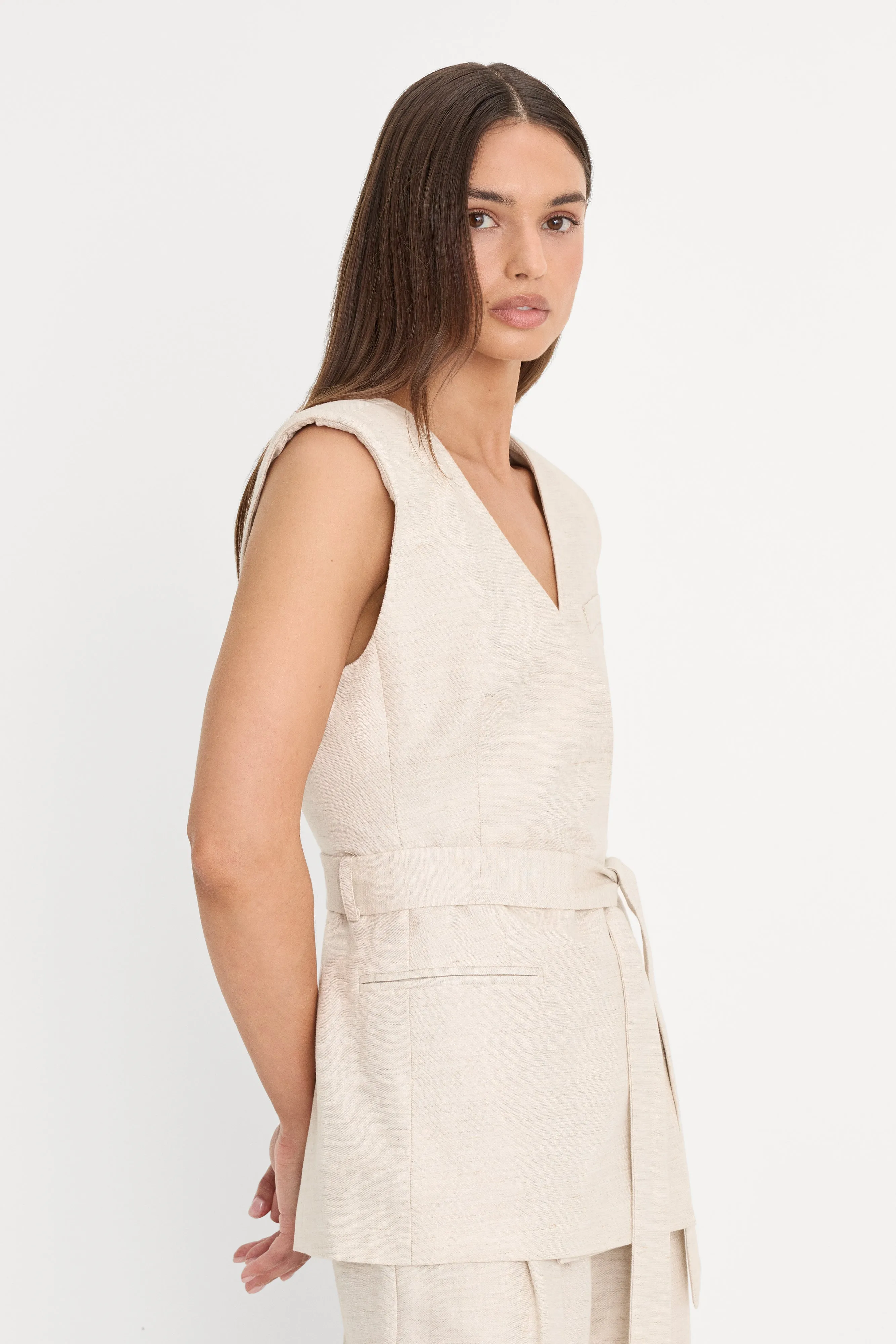 LINEN SLEEVELESS BELTED VEST | OAT sold by Good American product image thumbnail 2