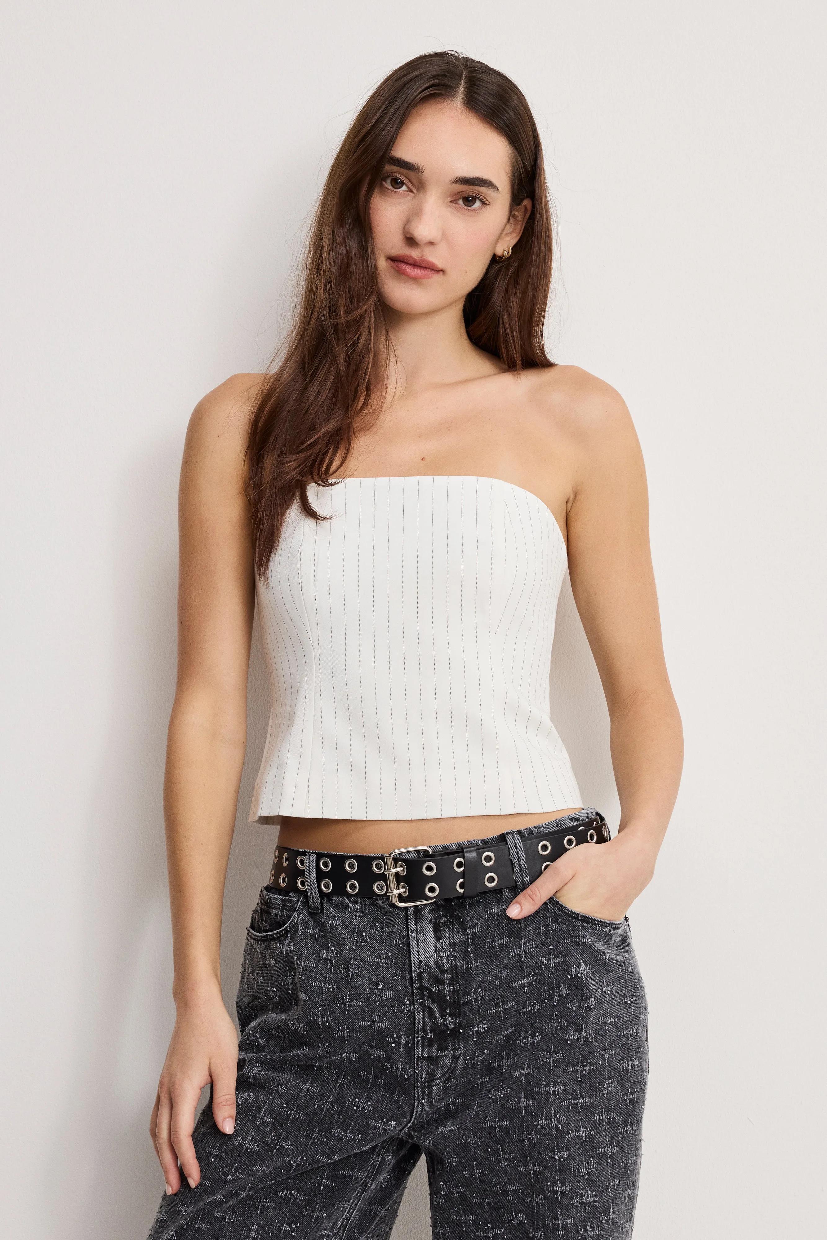 ESSENTIAL SUITING STRAPLESS TOP | CHESTNUT PIN STRIPE sold by Good American product image thumbnail 2