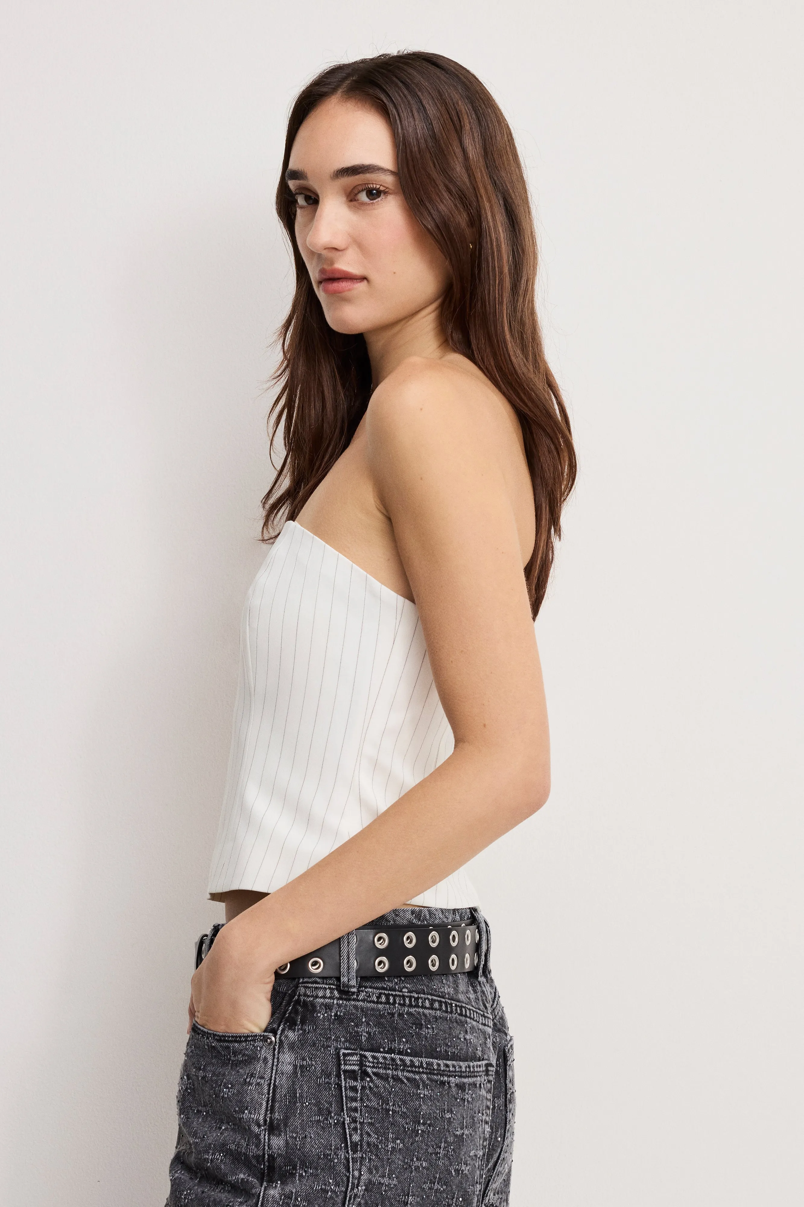 ESSENTIAL SUITING STRAPLESS TOP | CHESTNUT PIN STRIPE sold by Good American product image thumbnail 4