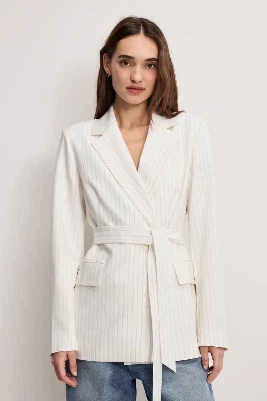 ESSENTIAL SUITING BELTED BLAZER | CHESTNUT PIN STRIPE made by Good American