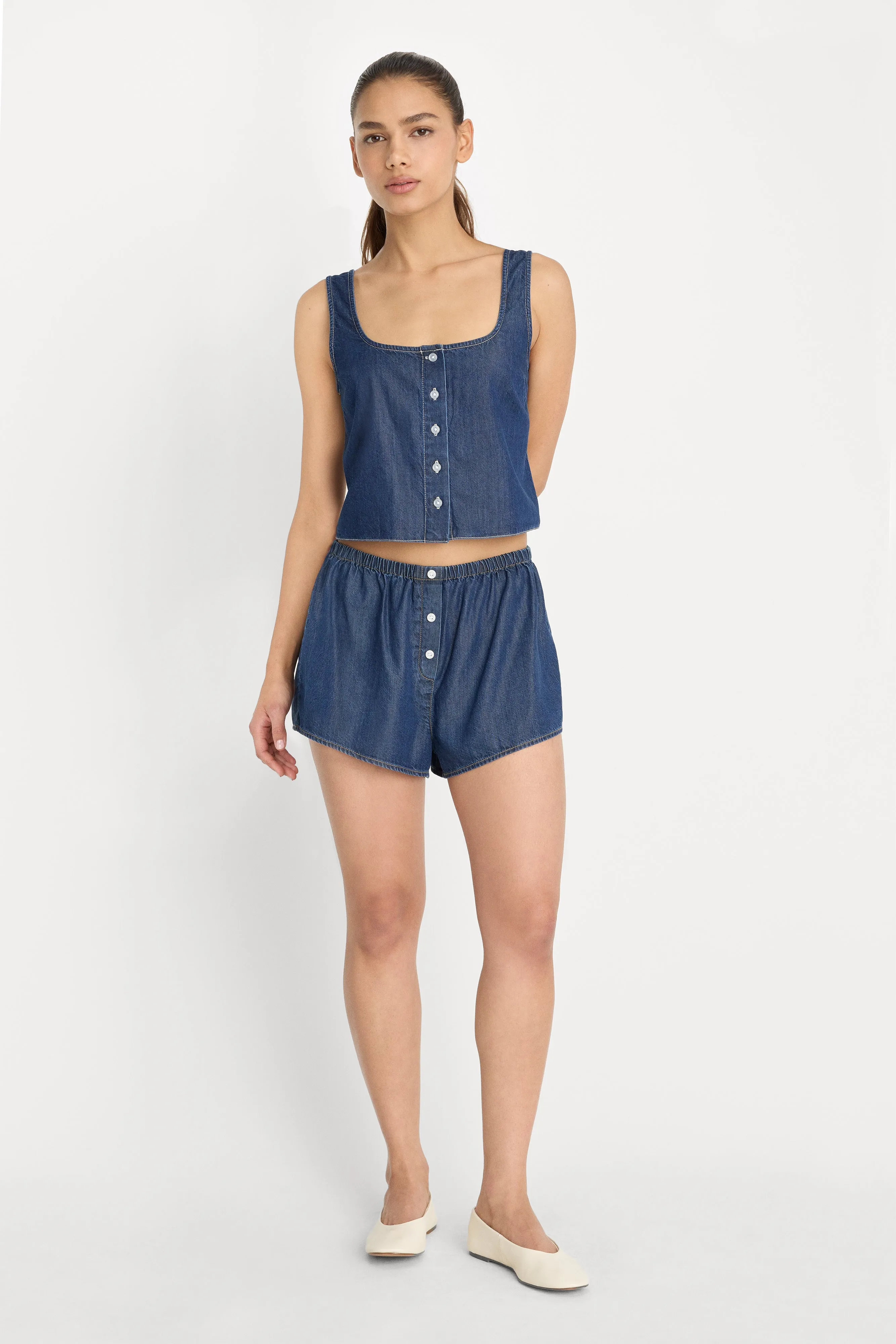 DENIM BUTTON FRONT TANK | INDIGO1187 sold by Good American product image thumbnail 3