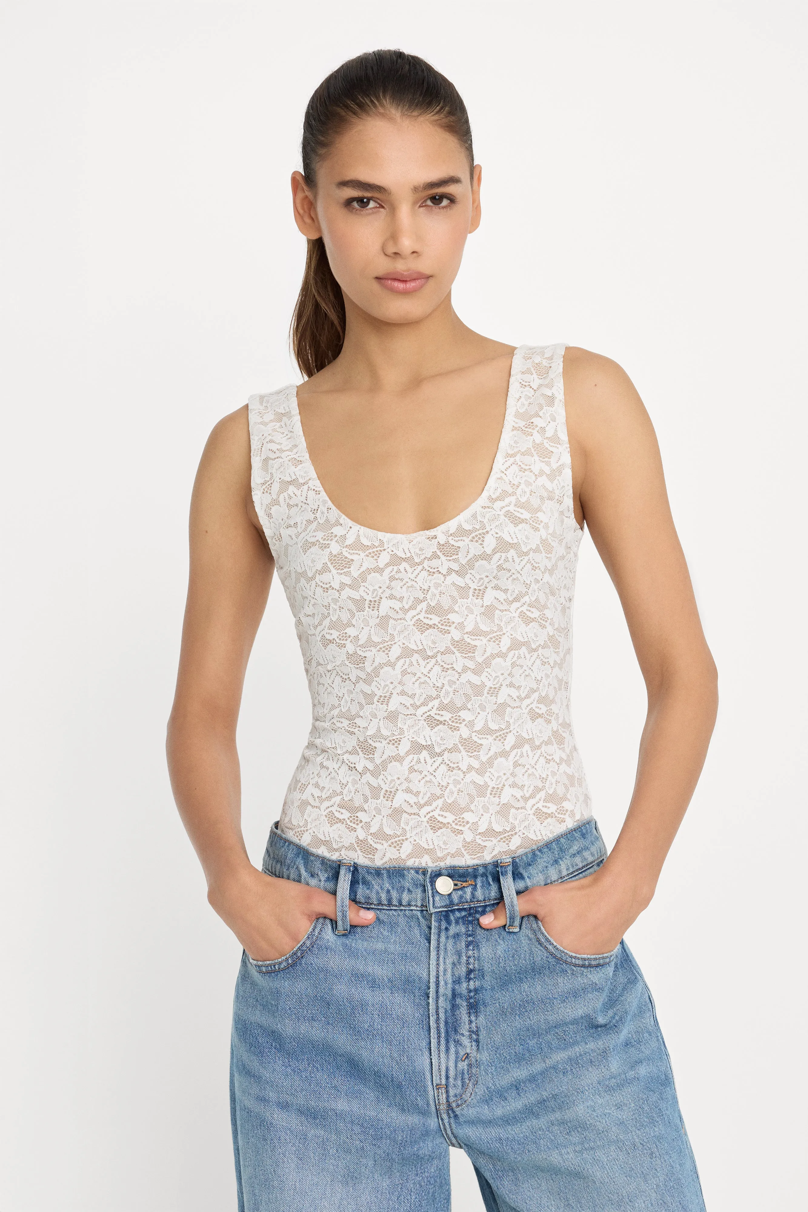 STRETCH LACE SCOOP TANK BODYSUIT | CHALK sold by Good American