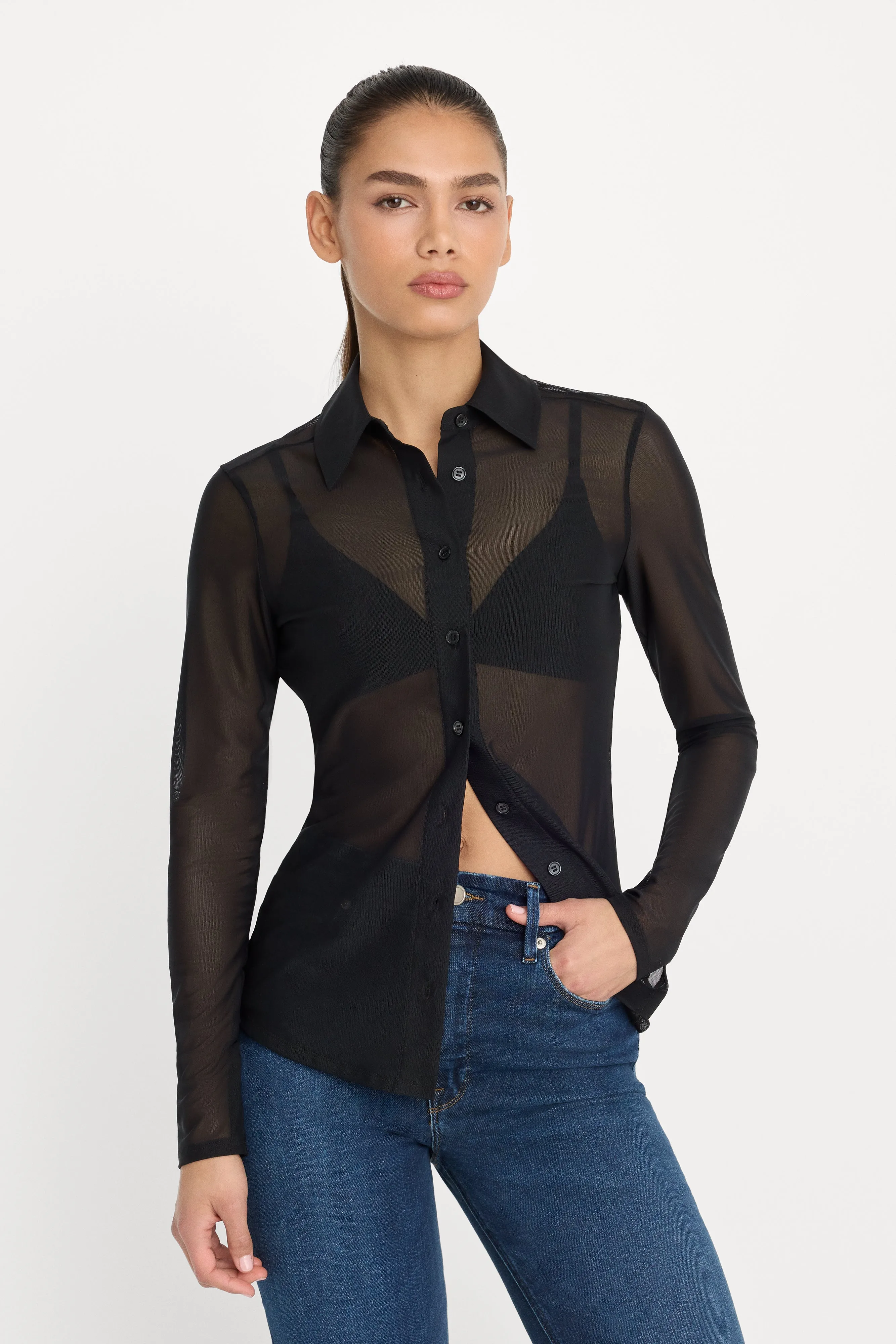 MESH BUTTON UP TOP | BLACK001 sold by Good American