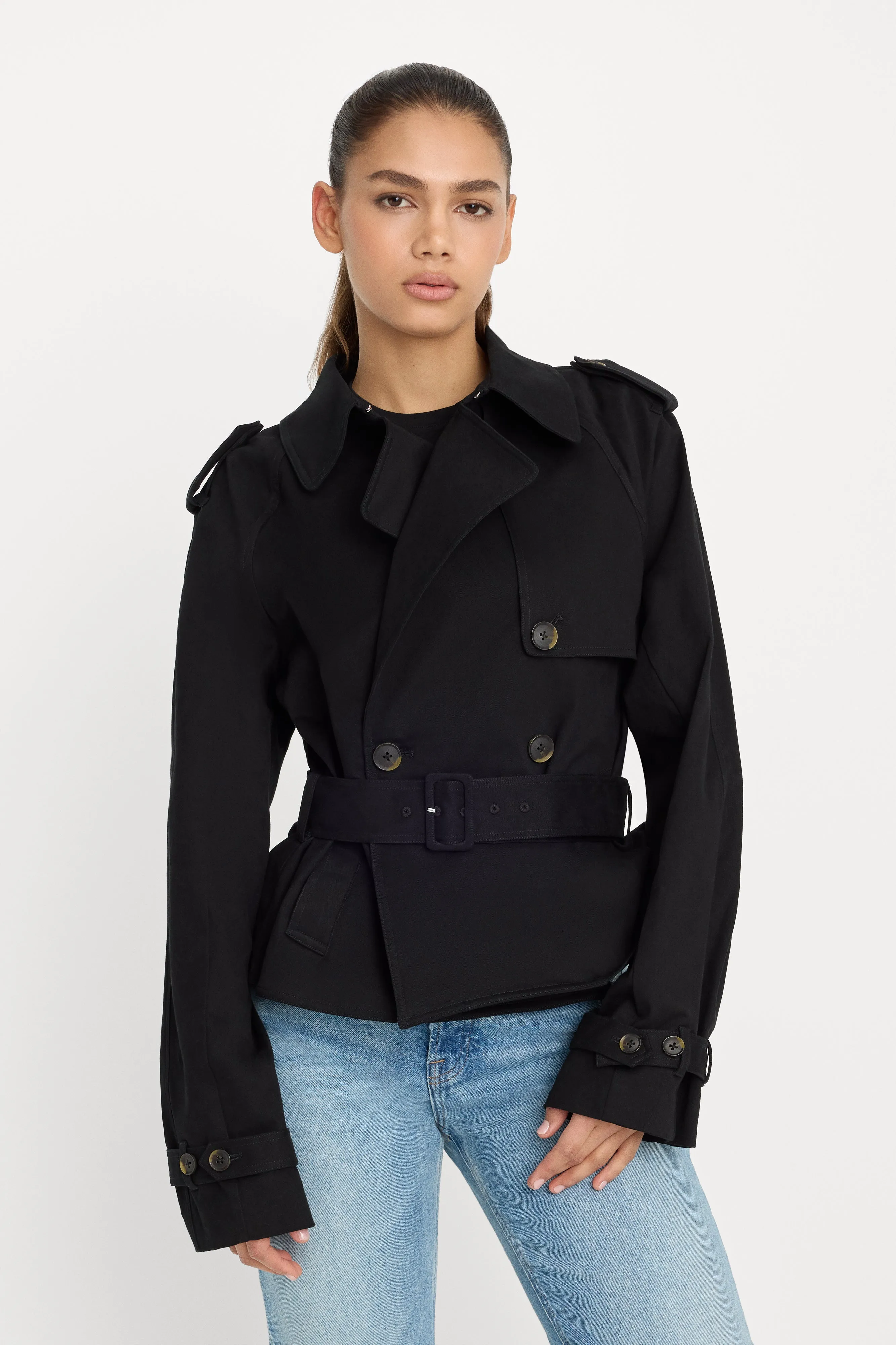 CROPPED TRENCH JACKET | BLACK001 sold by Good American