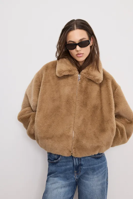 FAUX FUR COLLAR JACKET | WARM CARAMEL003 made by Good American