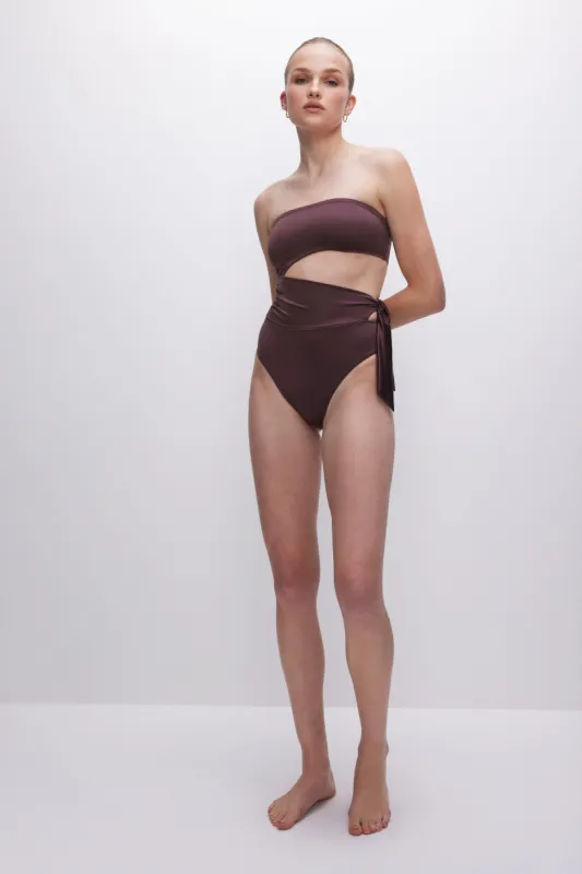 SATIN SIDE TIE SWIMSUIT | DARK COCOA sold by Good American